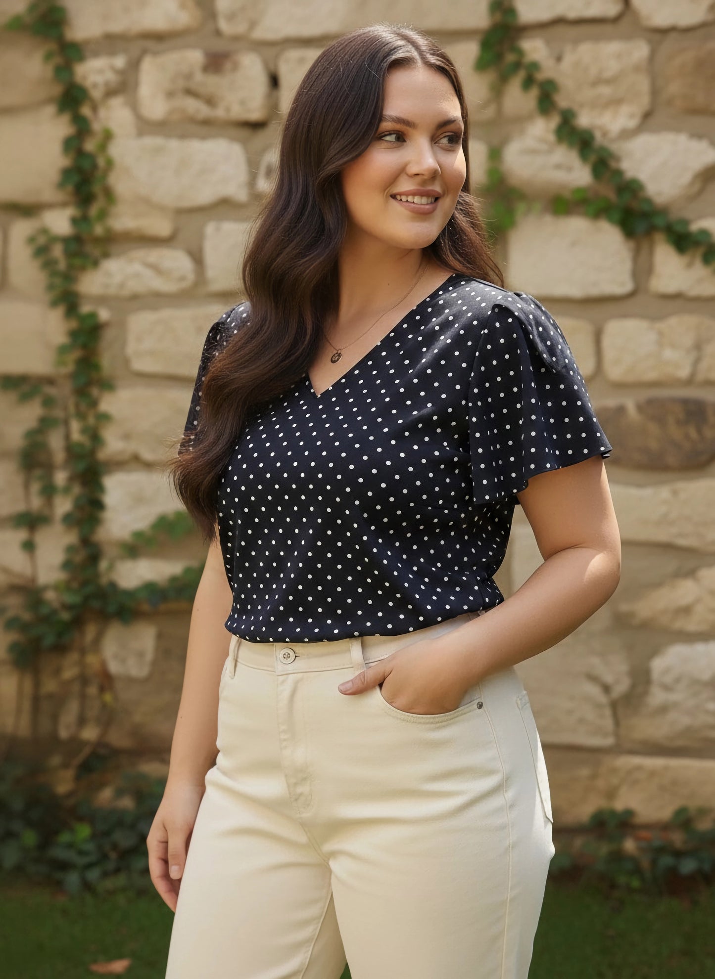 Berrylush Women Plus Size Navy Blue & White Polka Dot Printed V-Neck Flutter Sleeve Crepe Regular Top