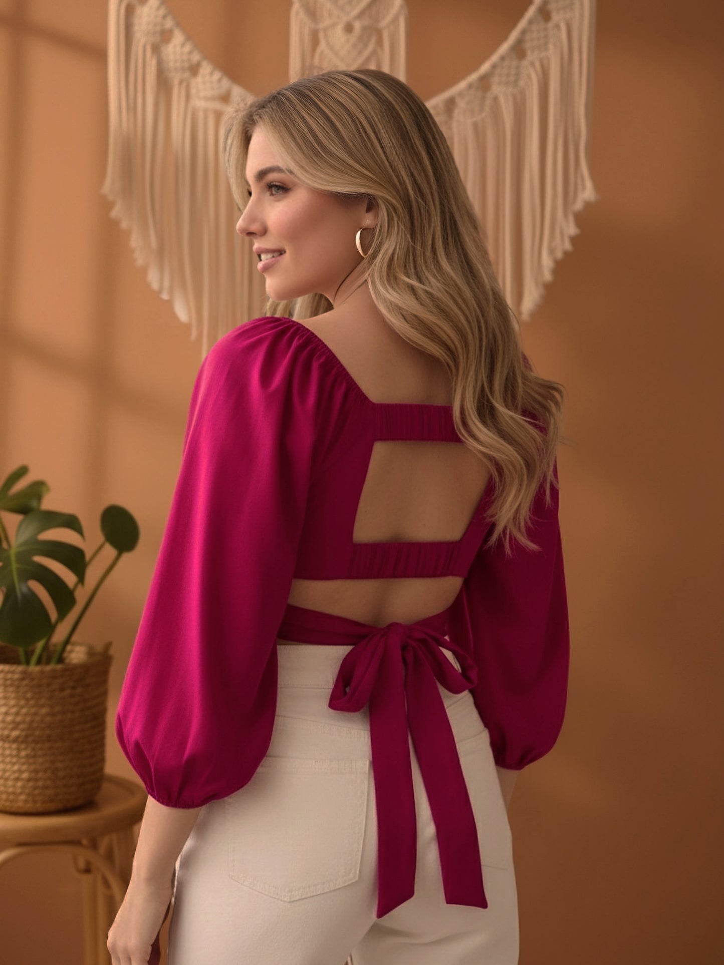 Berrylush Women Solid Pink Square Neck Puff Sleeves Waist Tie-Up Styled Back Pleated Crop Top