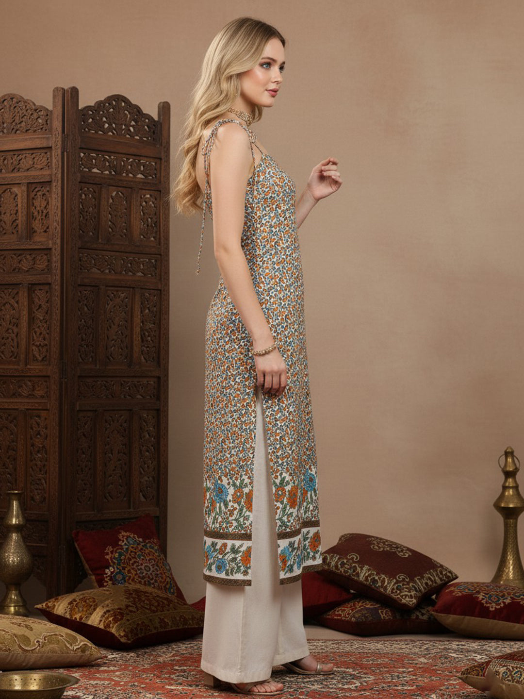 Berrylush Women White & Blue Floral Printed Sweetheart Neck Tie-Up Strap Straight Midi Kurta