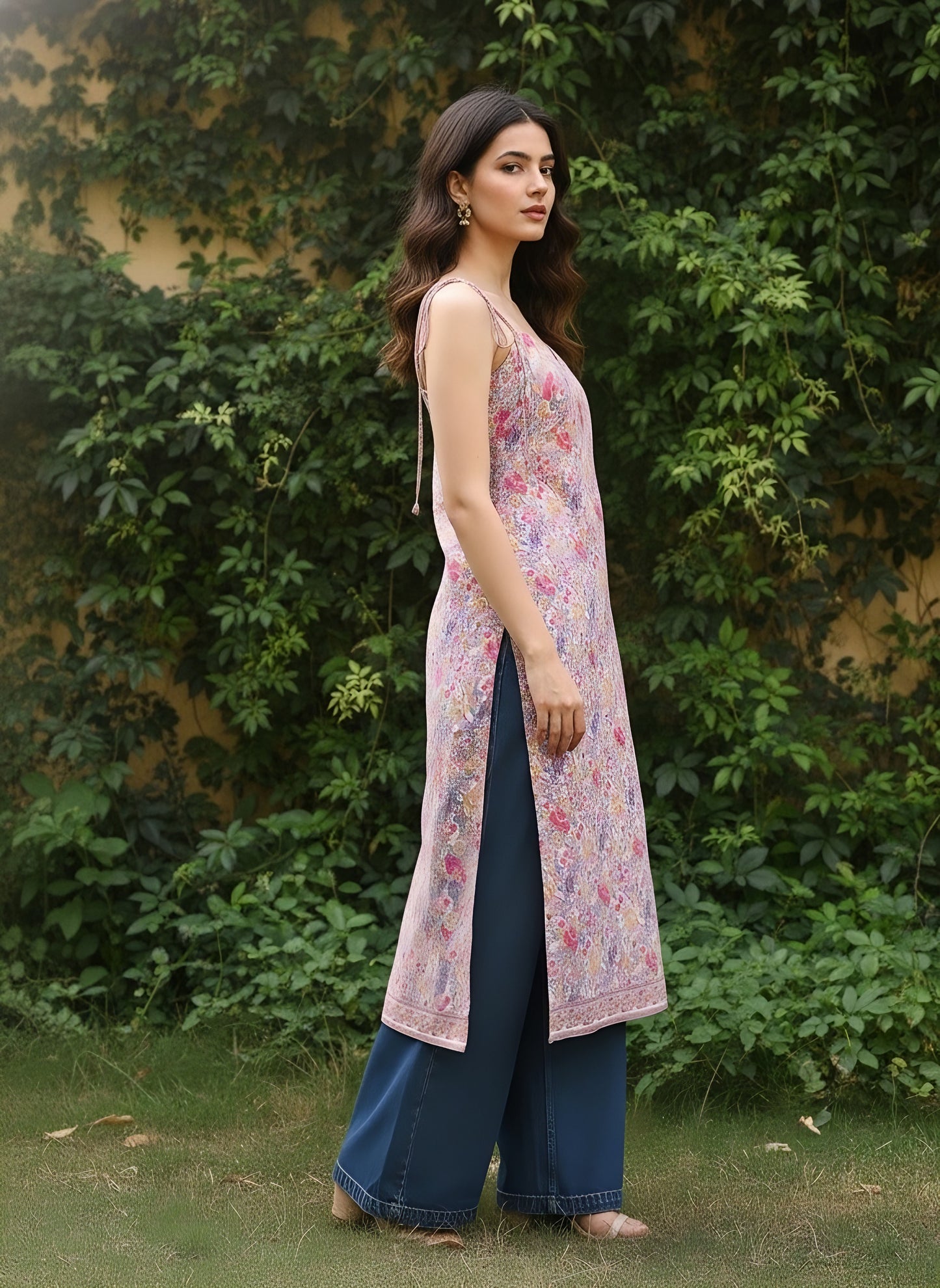 Berrylush Women Pink & Purple Floral Printed Sweetheart Neck Tie-Up Strap Straight Midi Kurta