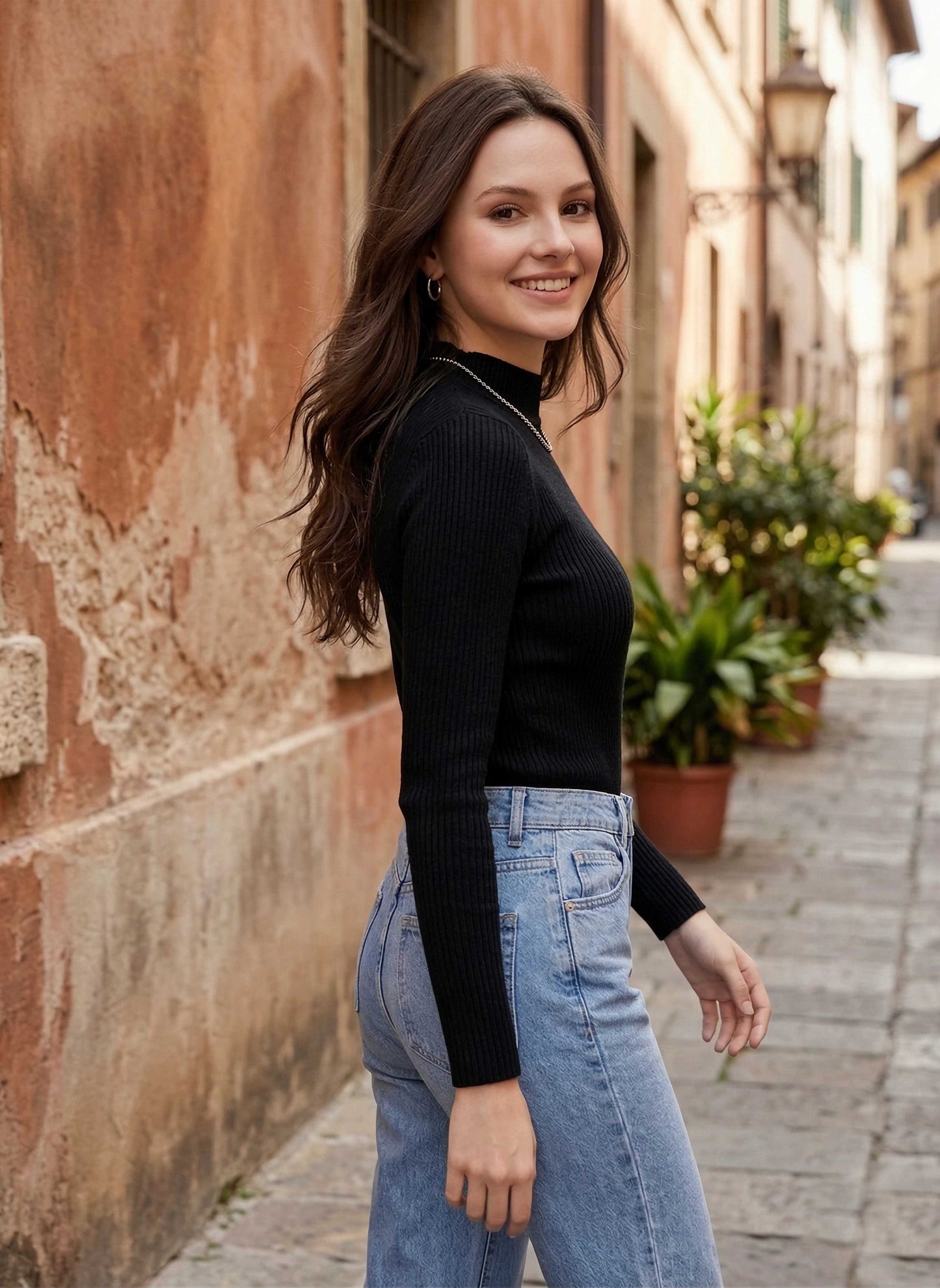 Berrylush Women Solid Black Turtle Neck Acrylic Ribbed Hem Pullover