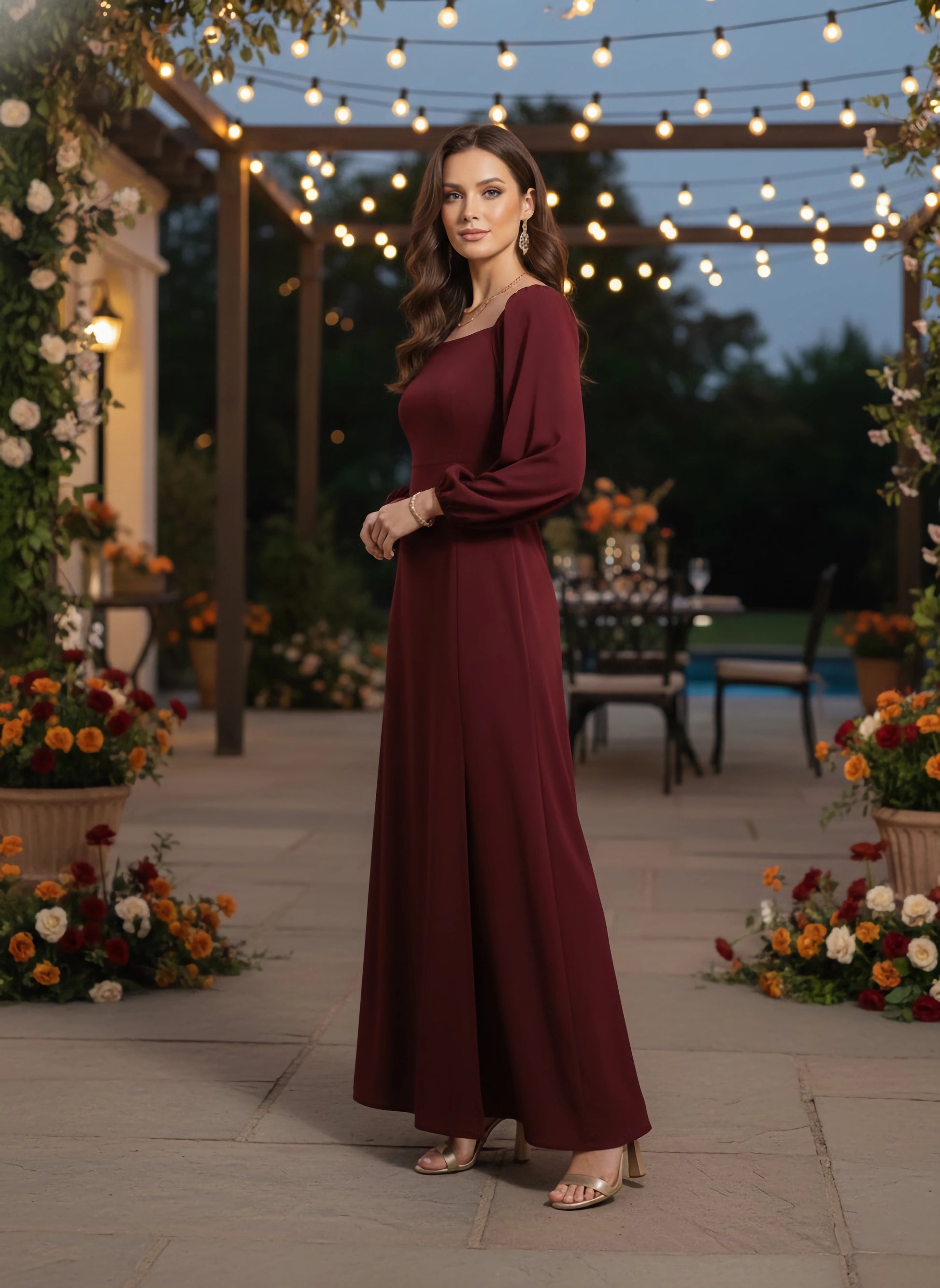 Berrylush Women Solid Maroon Square Neck Puff Sleeves Crepe Flared Max Berrylush Women Solid Maroon Square Neck Puff Sleeves Crepe Flared Max