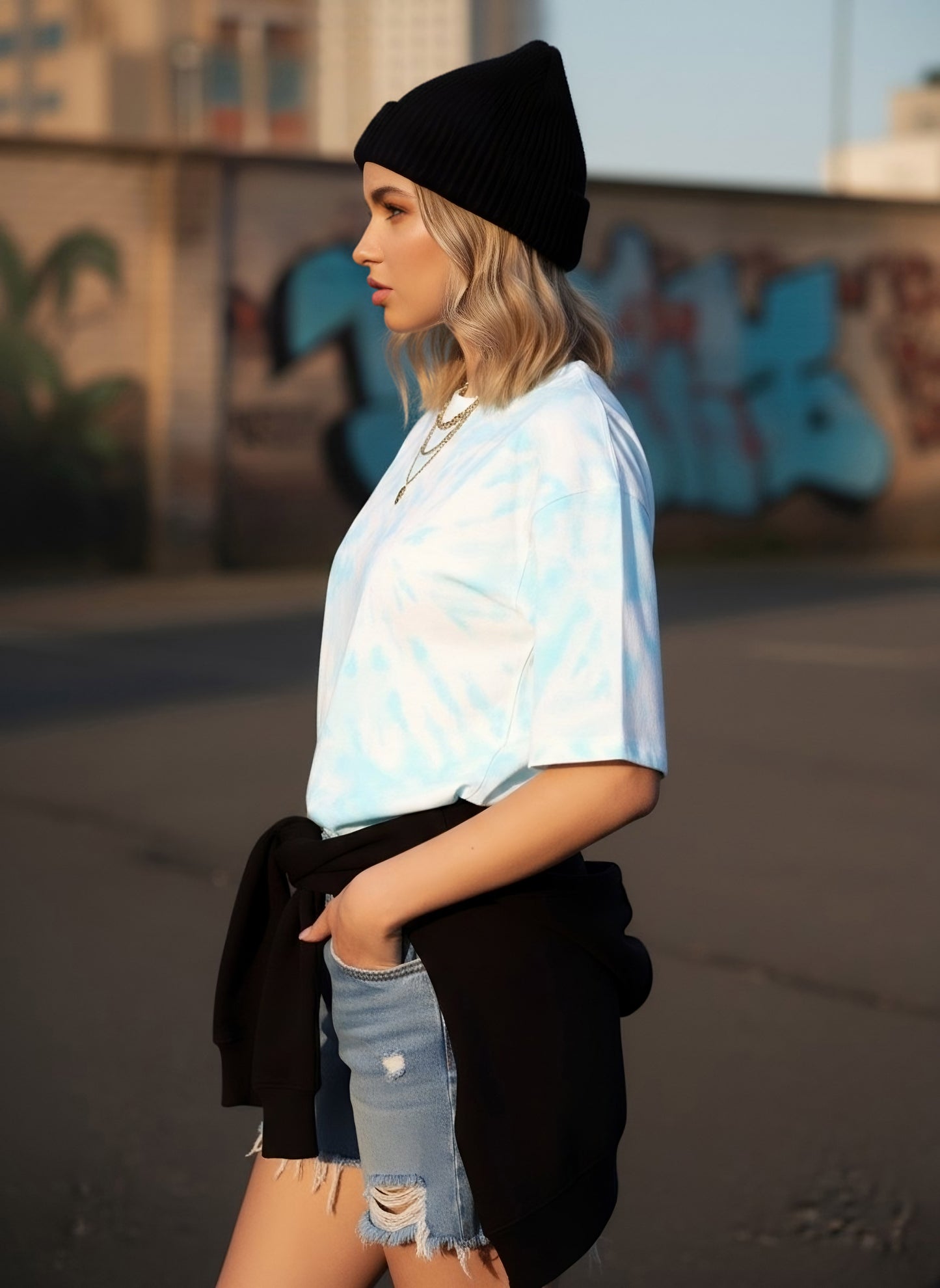 Berrylush Women White & Blue Tie-Dye Printed Round Neck Drop-Shoulder Cotton Longline T-Shirt