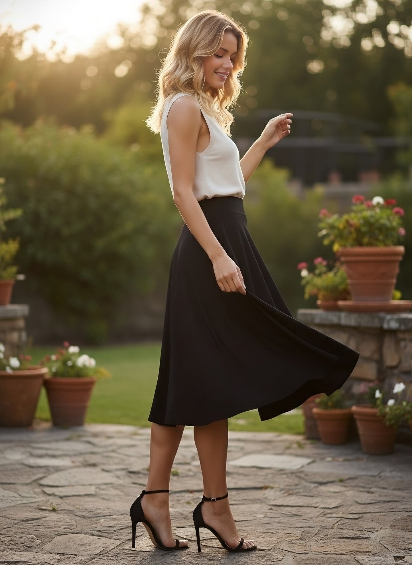 Berrylush Women Solid Black Flared A-Line Midi Skirt