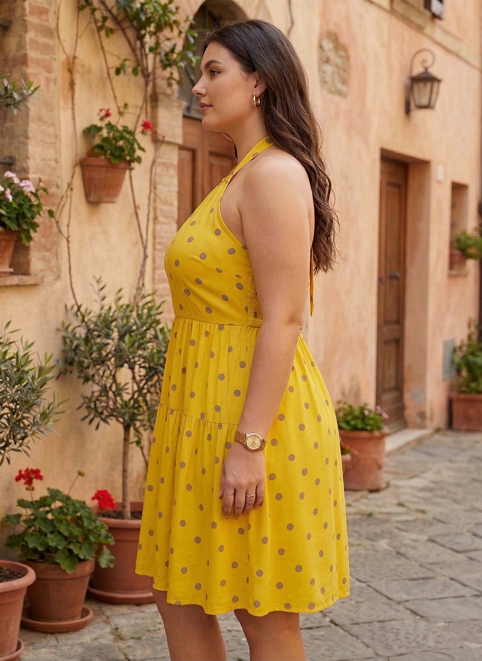 Women Plus Size Yellow & Brown Polka Dot Printed Halter Neck Sleeveless Fit & Flare Mini Dress - Berrylush Women Plus Size Yellow & Brown Polka Dot Printed Halter Neck Sleeveless Fit & Flare Mini Dress - Berrylush