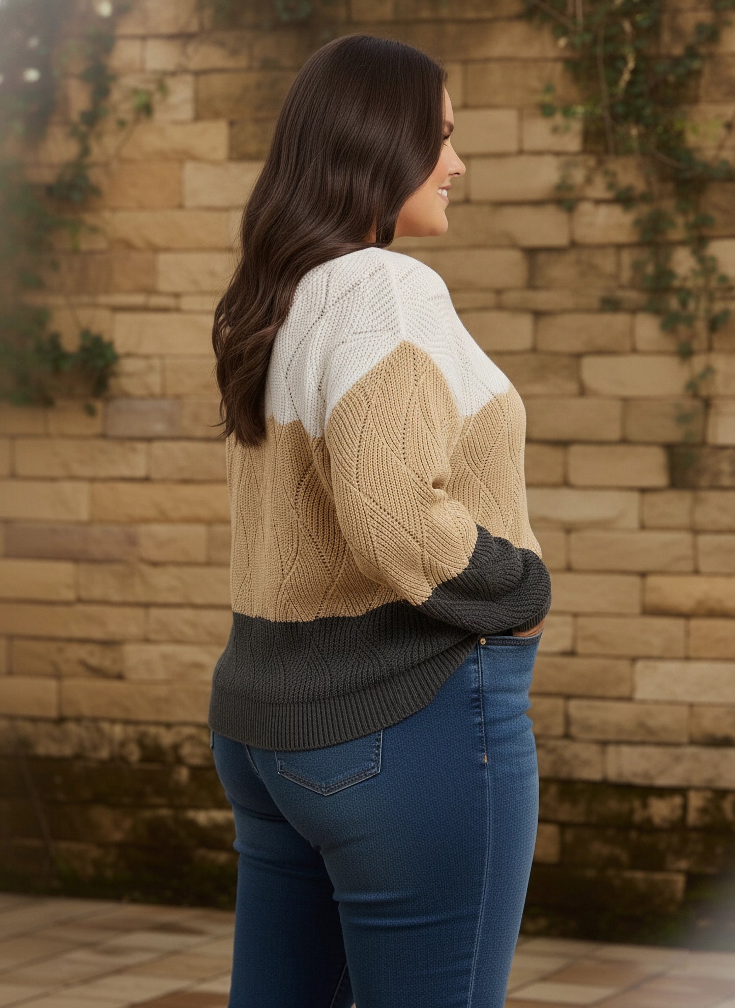 Berrylush Curve Women White, Beige, & Black Colourblocked Pattern Boat Neck Drop-Shoulder Sleeves Ribbed Hem Regular Sweater