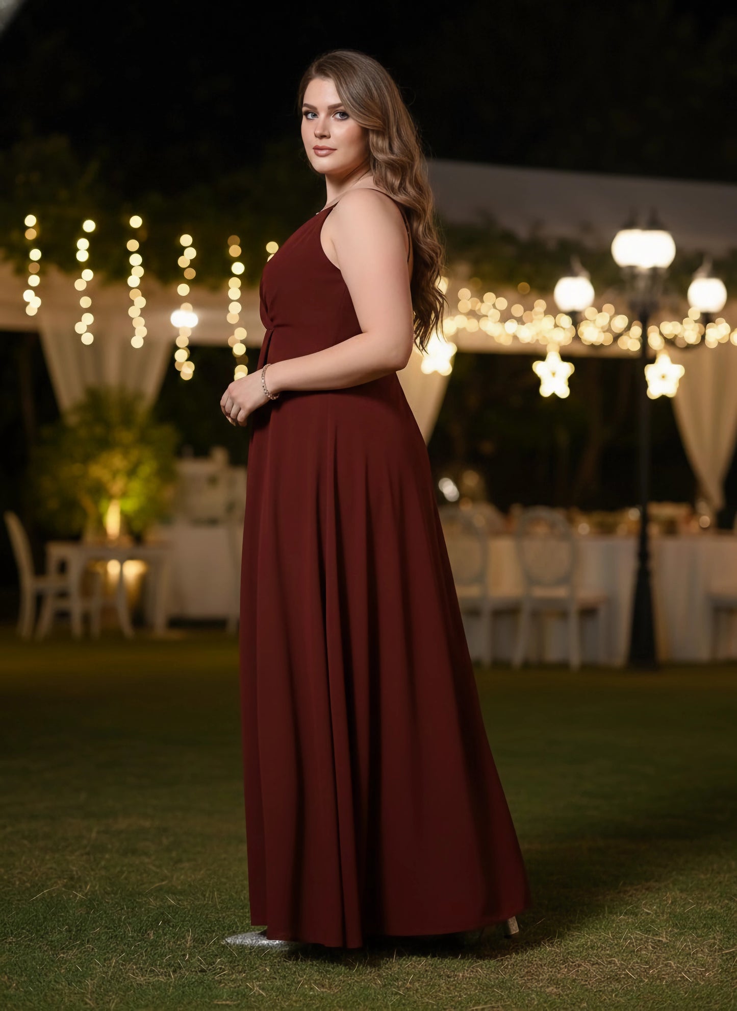 Berrylush Women Plus Size Solid Maroon V-Neck Sleeveless Thigh-High Slit Flared Maxi Dress