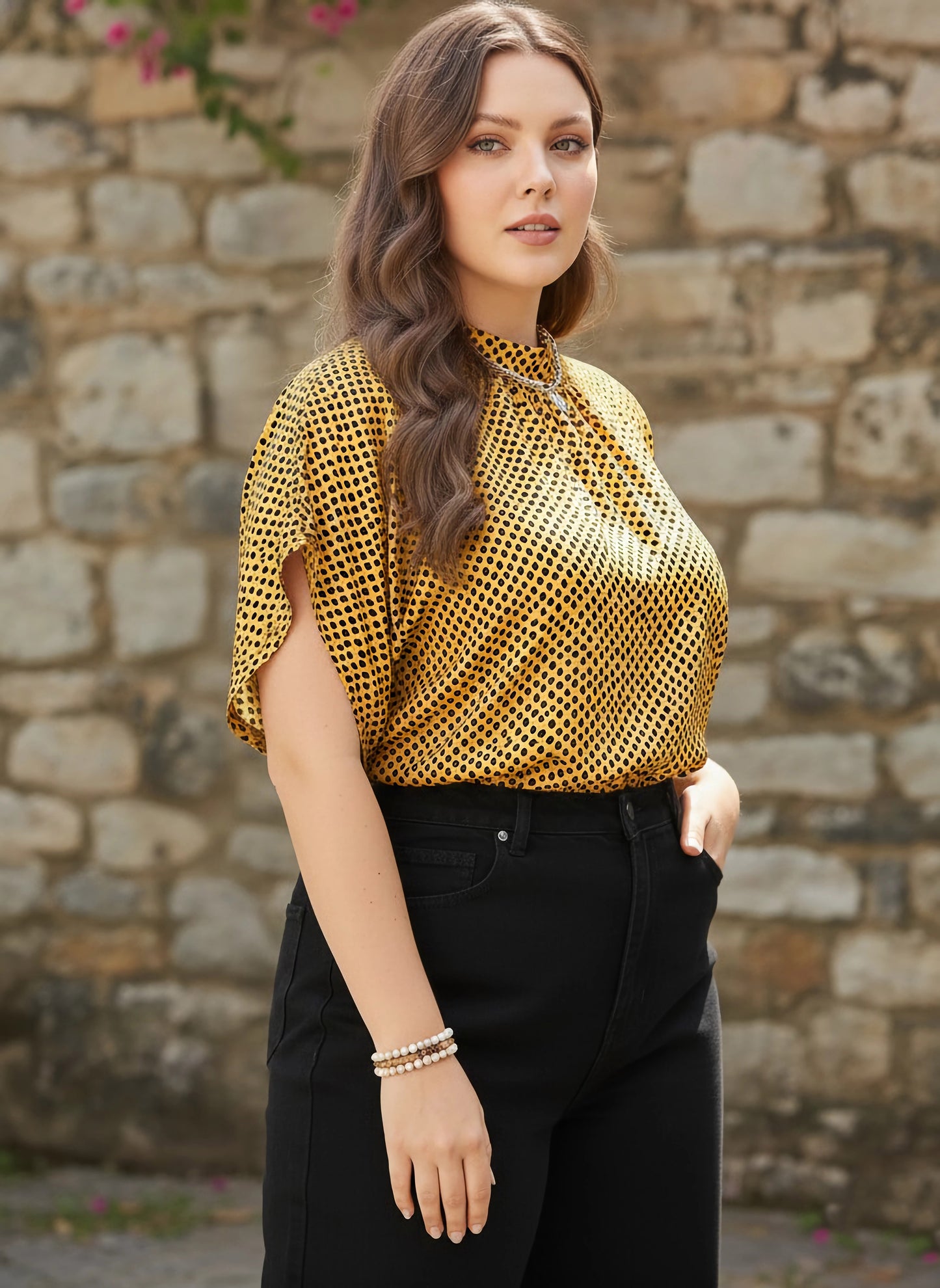 Berrylush Curve Women Yellow & Black Animal Printed High Neck Extended Sleeves Pleated Regular Top