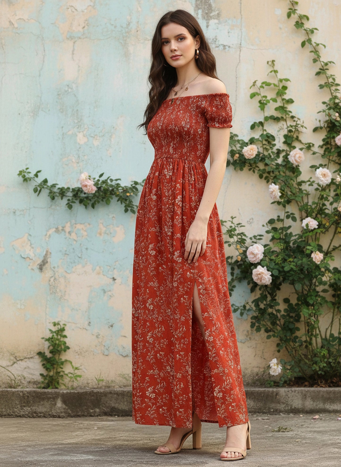 Berrylush Women Red & White Floral Printed Off-Shoulder Neck Thigh-High Slit Crepe Smocked Maxi Dress