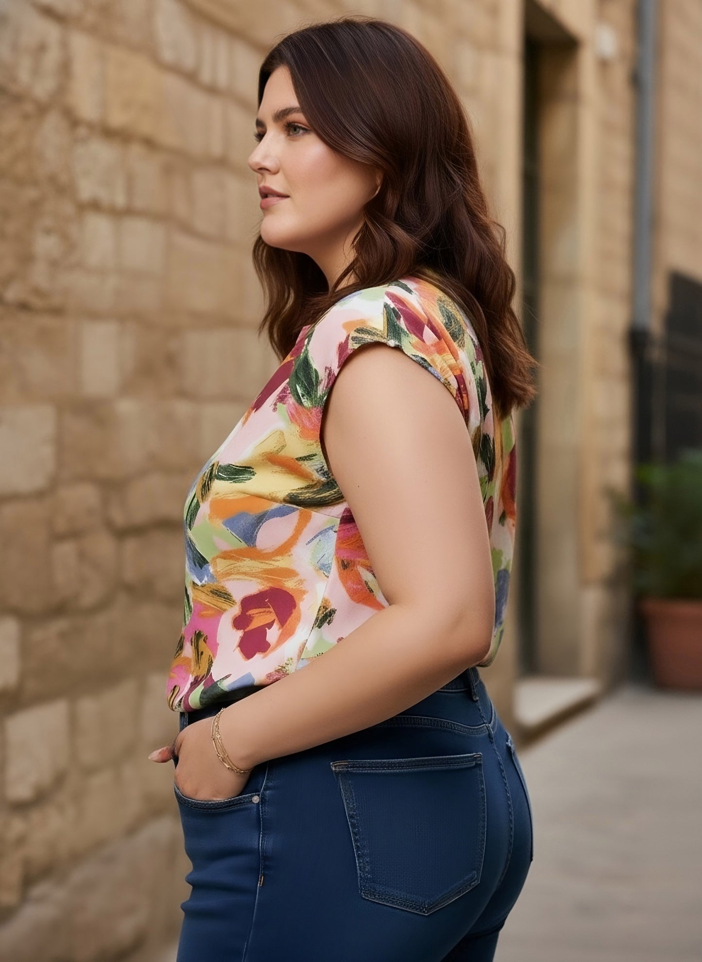 Berrylush Curve Women Pink & Multicolour Abstract Printed Mandarin Collar Neck Short Sleeves Regular Top