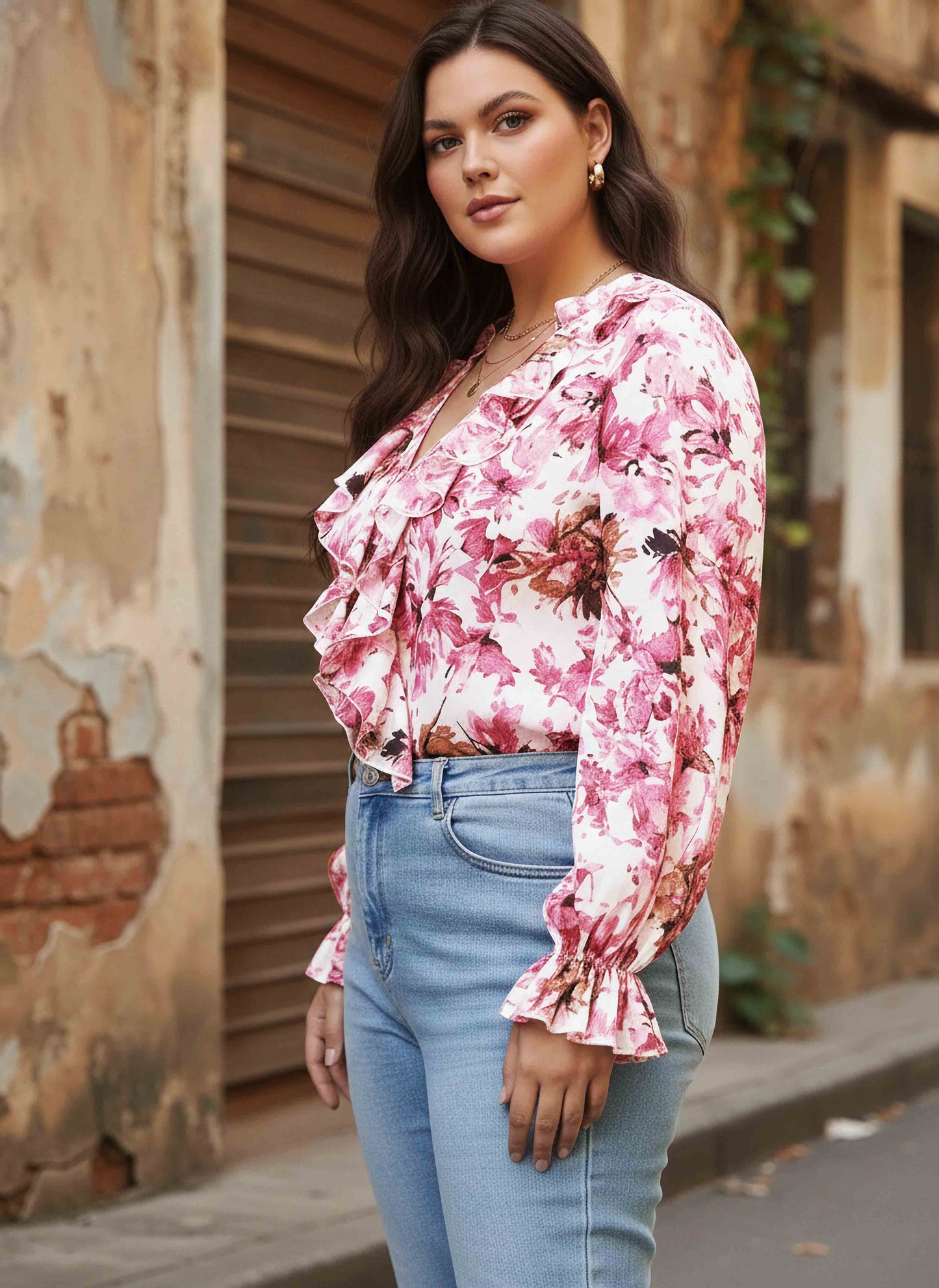 Berrylush Women Plus Size Pink & White Floral Printed V-Neck Button-Up Georgette Ruffled Regular Top
