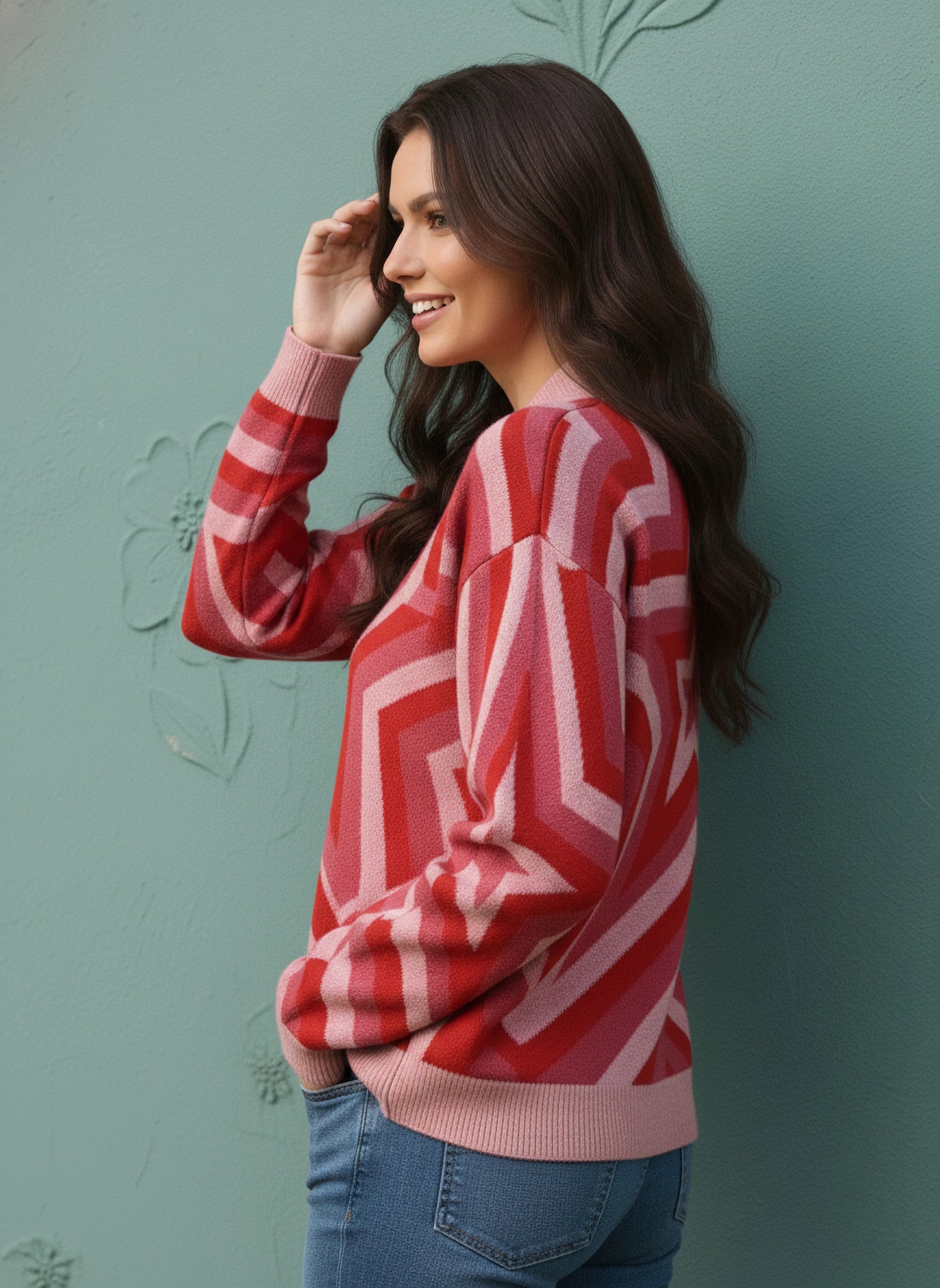 Berrylush Women Pink Star Printed Round Neck Acrylic Ribbed Pullover Sweater