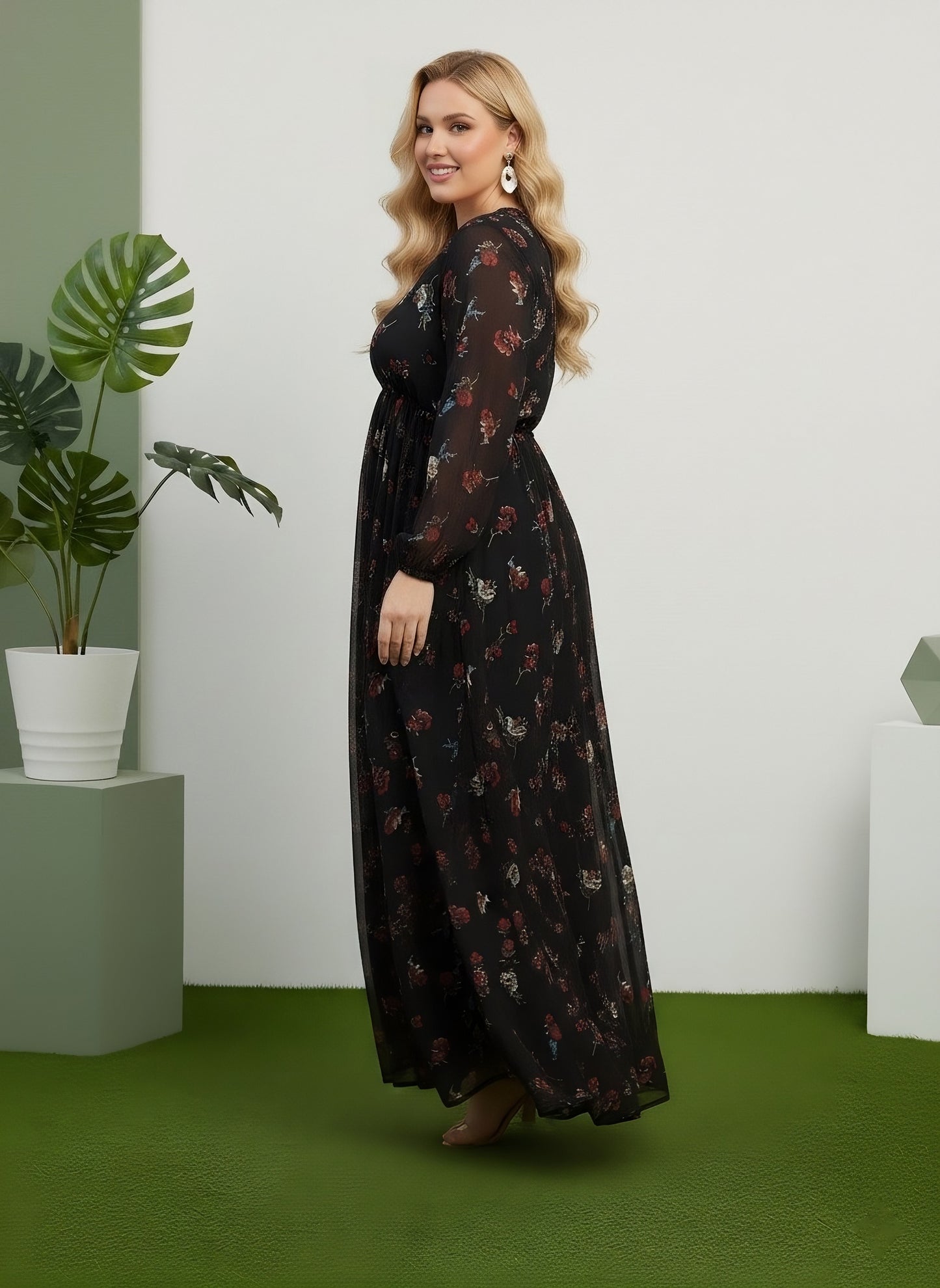 Berrylush Curve Women Black & Red Floral Printed V-Neck Bishop Sleeves Waist Tie-Up Pleated Maxi Dress