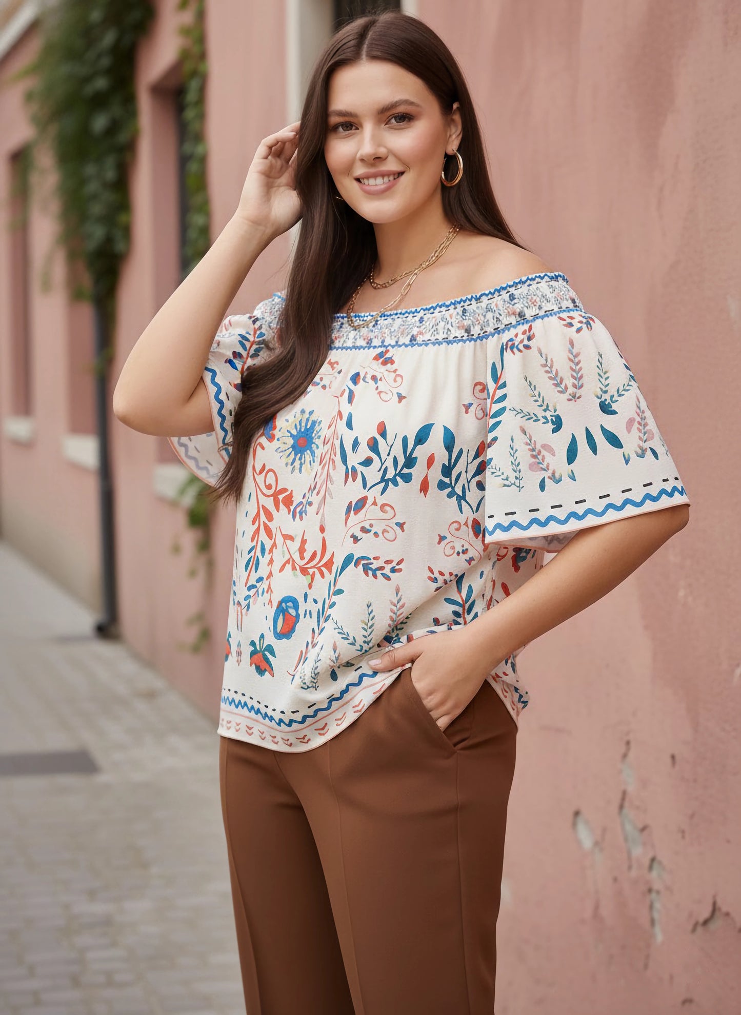 Berrylush Curve Women White & Multicolour Tribal Printed Off-Shoulder Neck Short Sleeves Regular Top