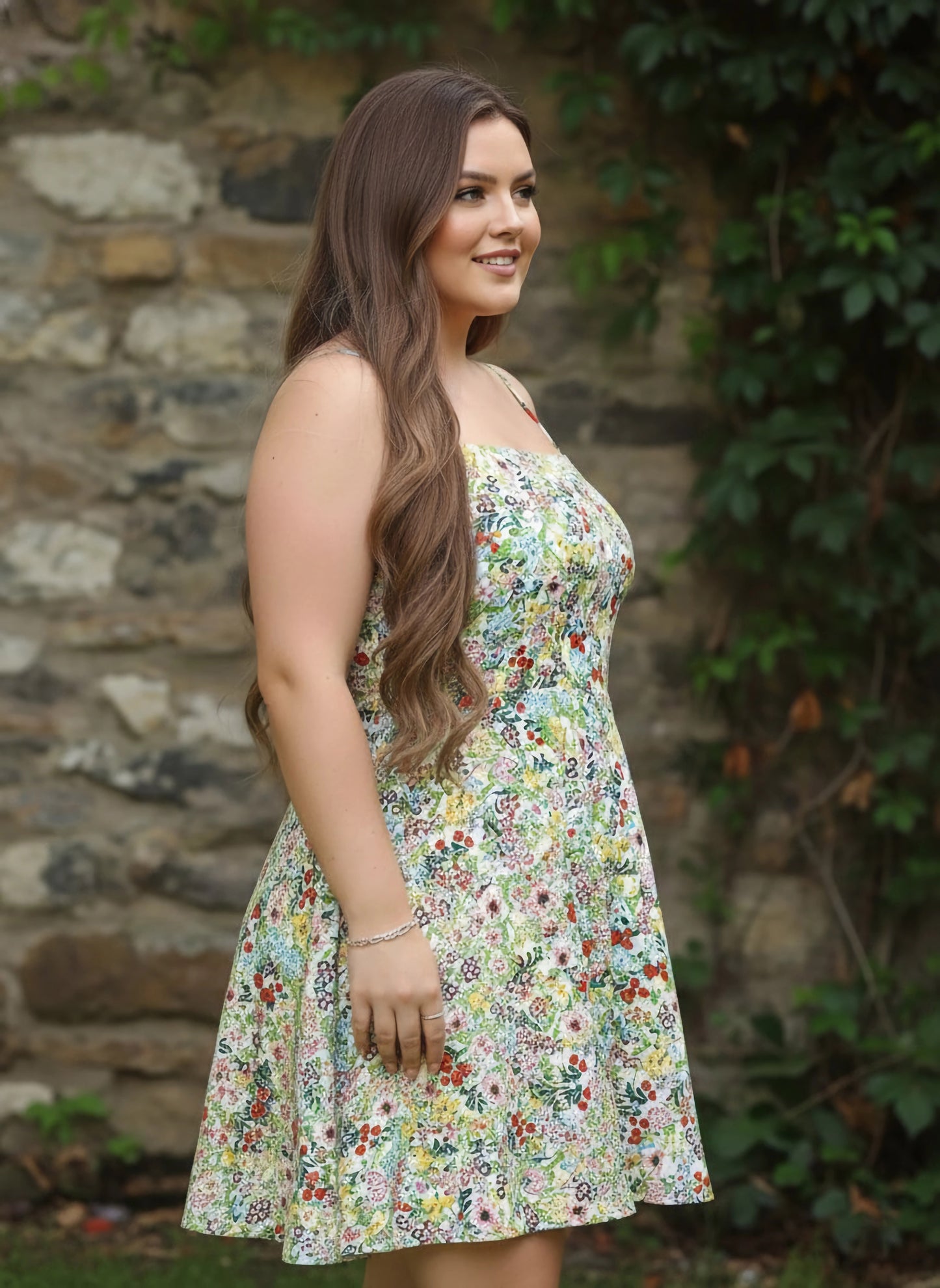 Berrylush Women Plus Size White & Multicolour Floral Printed Square Neck Sleeveless Cotton Fit & Flare Mini Dress