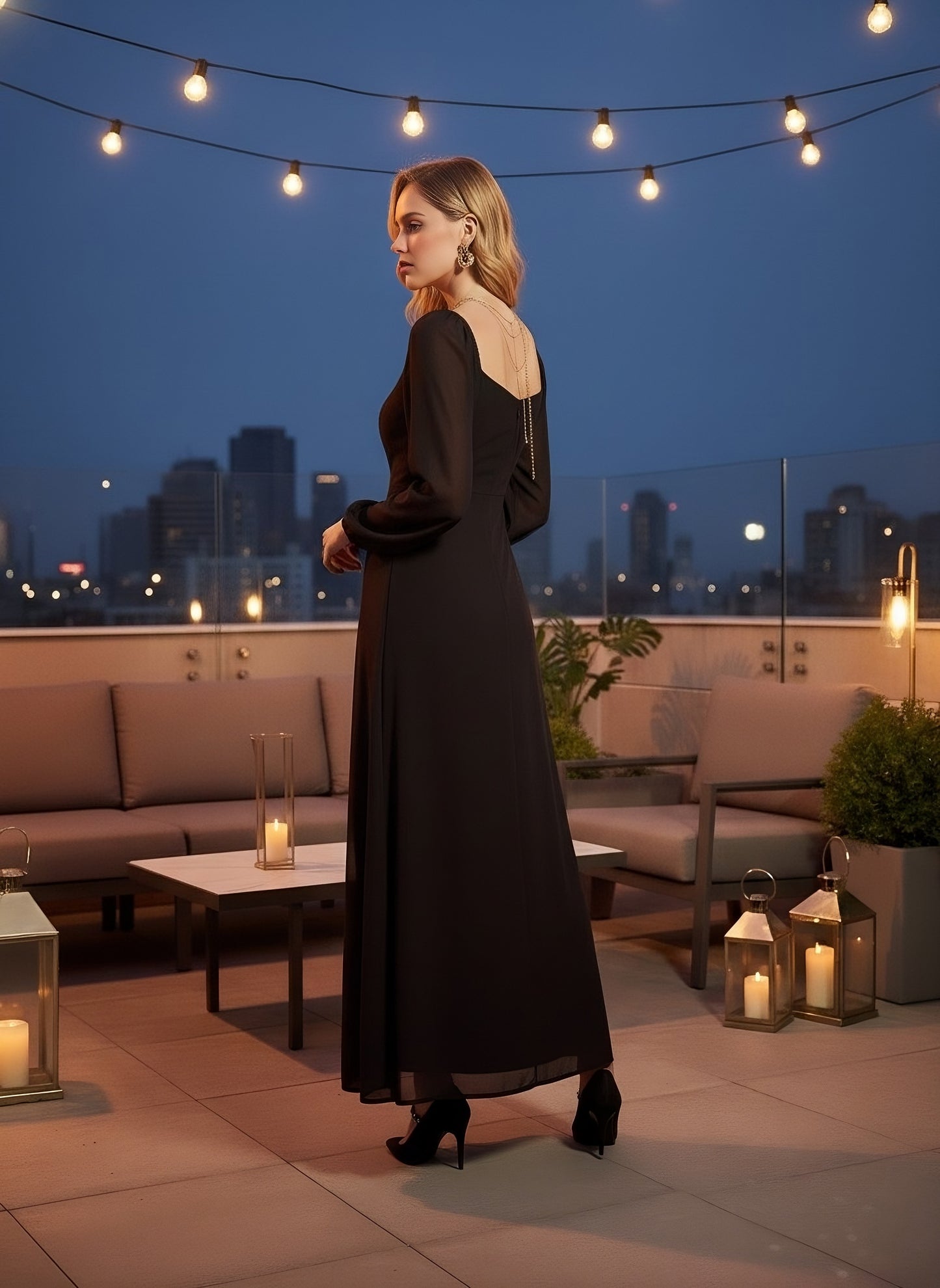 Berrylush Women Solid Black Sweetheart Neck Bishop Sleeves Thigh-High Slit Straight Hem A-Line Maxi Dress