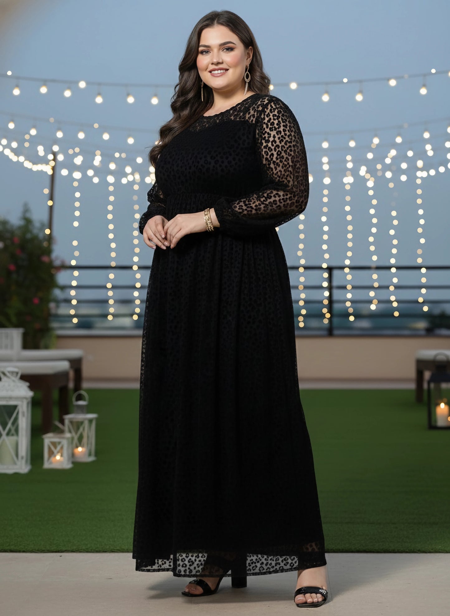 Plus Size Black Animal Printed Round Neck Semi-Sheer Velvet Flared A-Line Maxi Dress