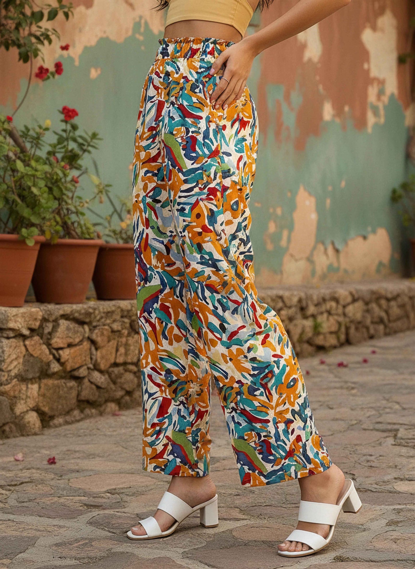 Berrylush Women White & Multicolour Abstract Printed High-Rise Elastic Waist Slip-On Pleated Regular Parallel Trousers