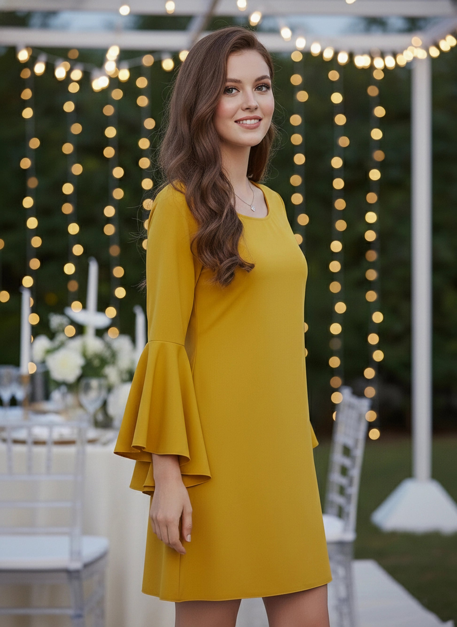 knee length dresses for ladies Berrylush Women Solid Yellow Round Neck Bell Sleeve A-Line Mini Dress