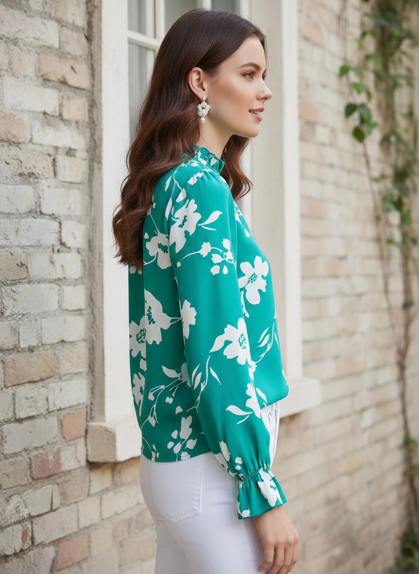 Berrylush Women Green & White Floral Printed High Neck Bell Sleeves Crepe Button-Up Regular Top
