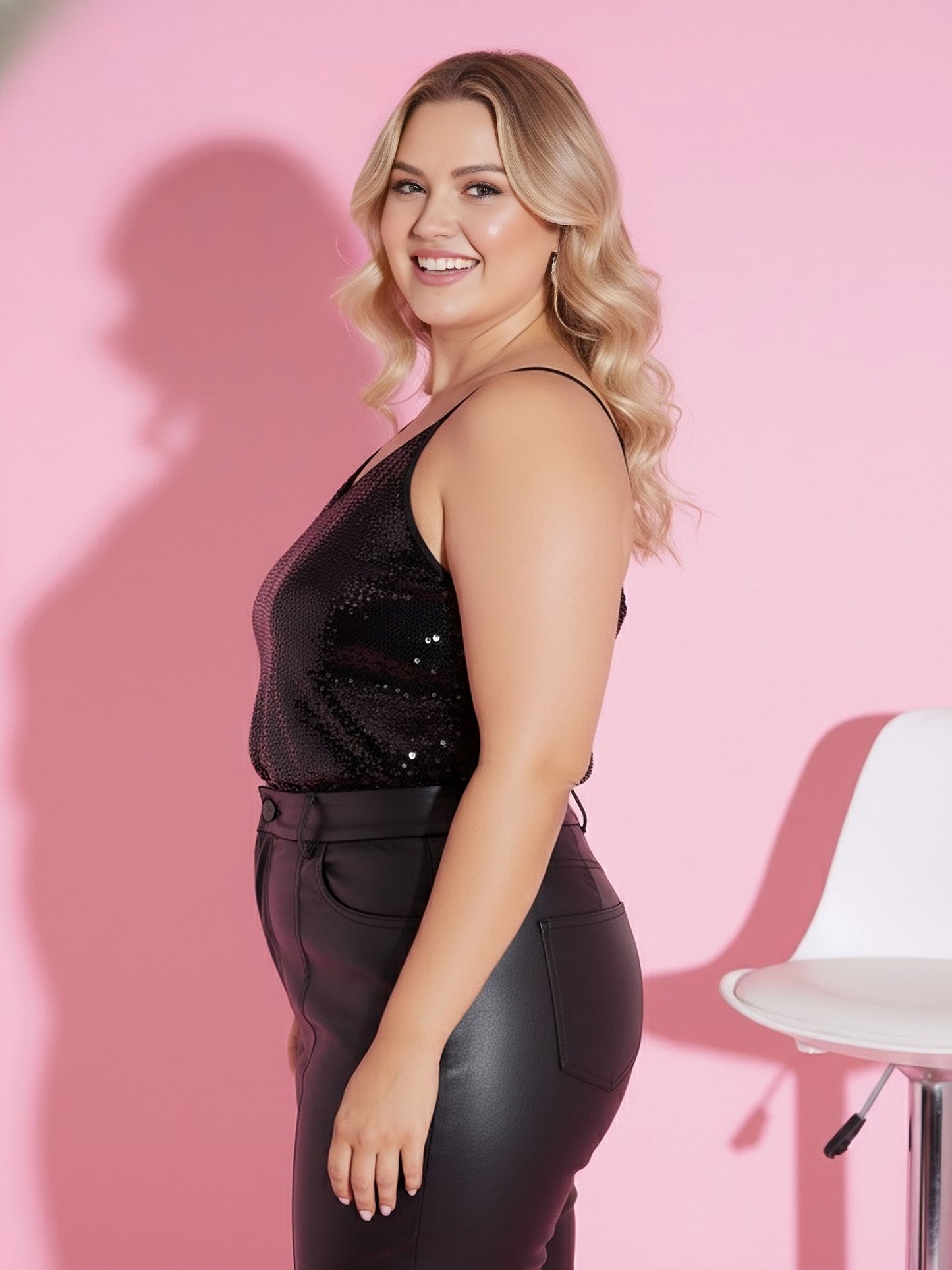 Berrylush Women Plus Size Solid Black V-Neck Sleeveless Sequin Embellished Regular Cami Top