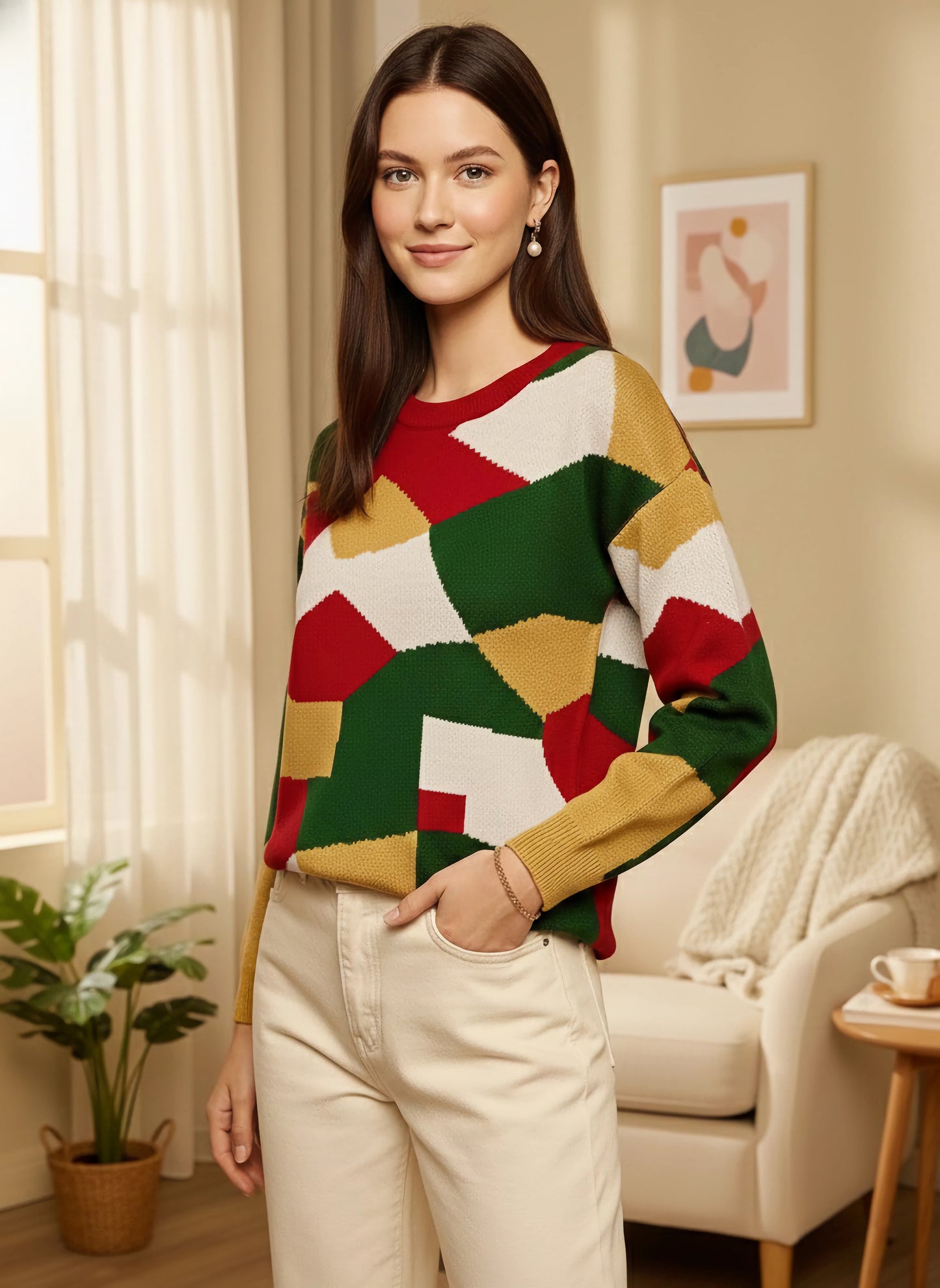 Berrylush Women Multicolour Geometrical Printed Round Neck Drop-Shoulder Sleeves Acrylic Ribbed Hem Regular Pullover