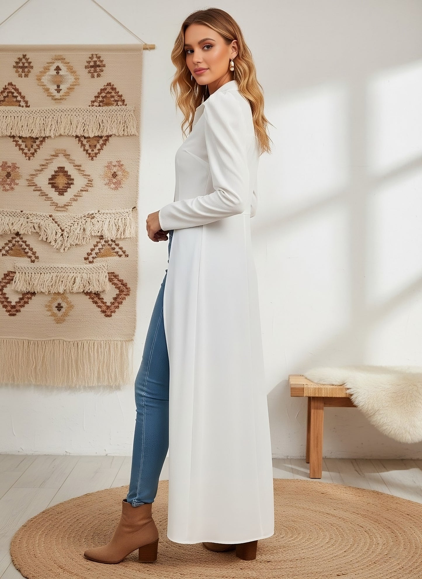 Berrylush Women Solid White Spread Collar Neck Puff Sleeves Front Button-Up High-Low Hem Longline Top