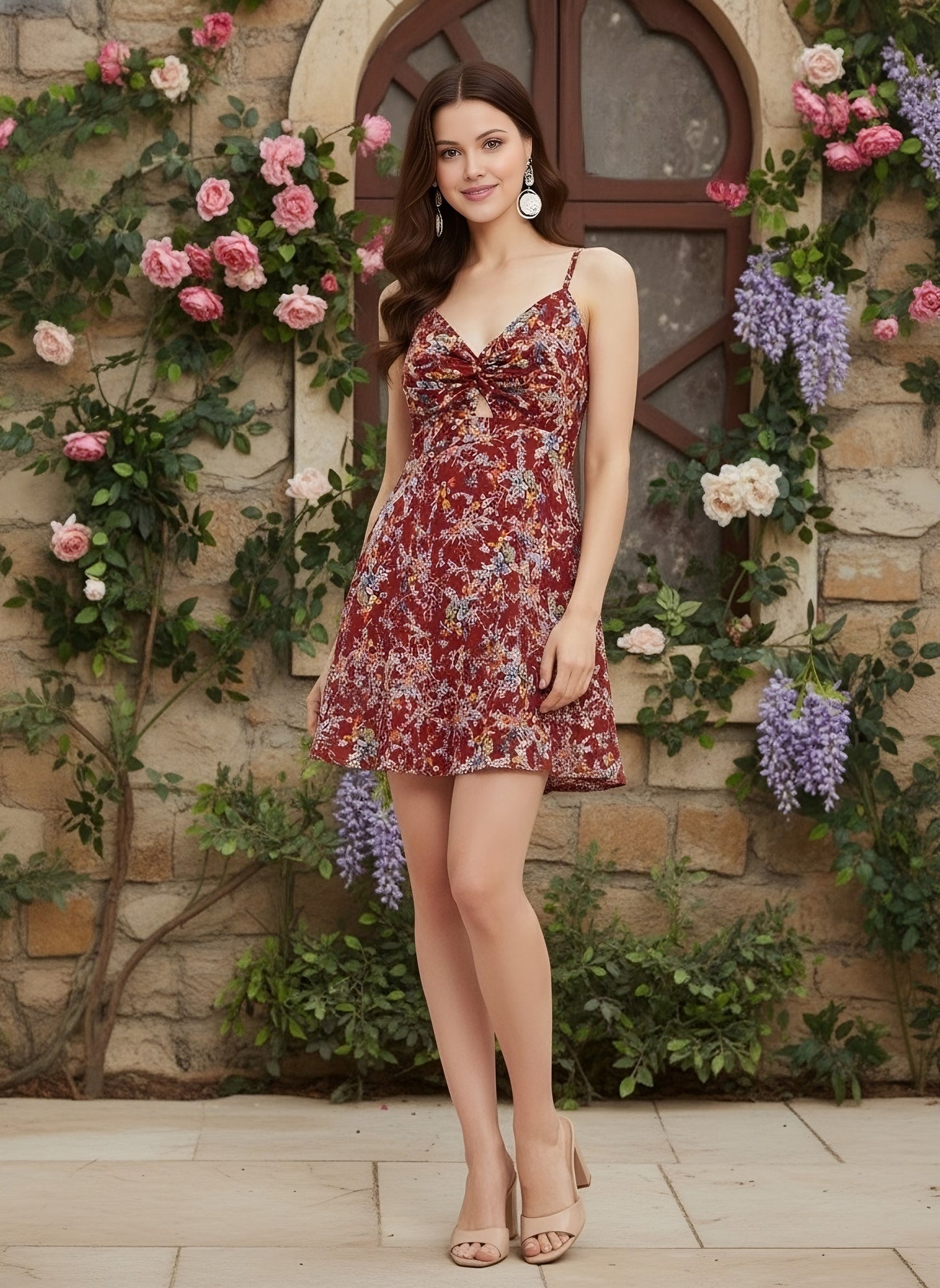 Berrylush Women Maroon Floral Printed V-Neck Front Twisted Knot Fit & Flare Mini Dress