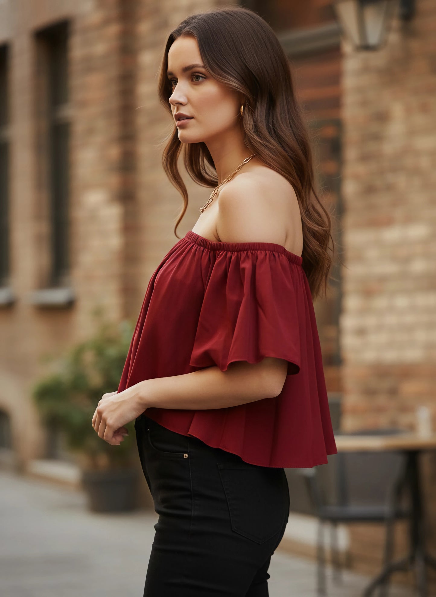 Berrylush Women Solid Maroon Off-Shoulder Neck Ruffled Crop Bardot Top