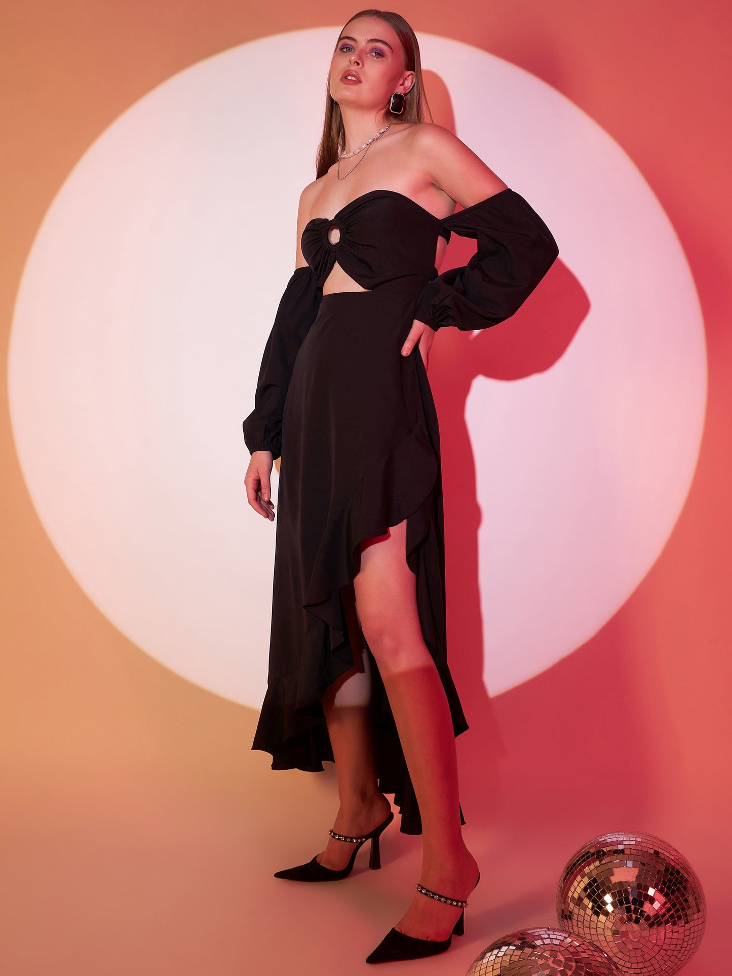 Berrylush Women Solid Black Off-Shoulder Neck Puff Sleeves Cut-Out Asymmetrical Hem A-Line Midi Dress