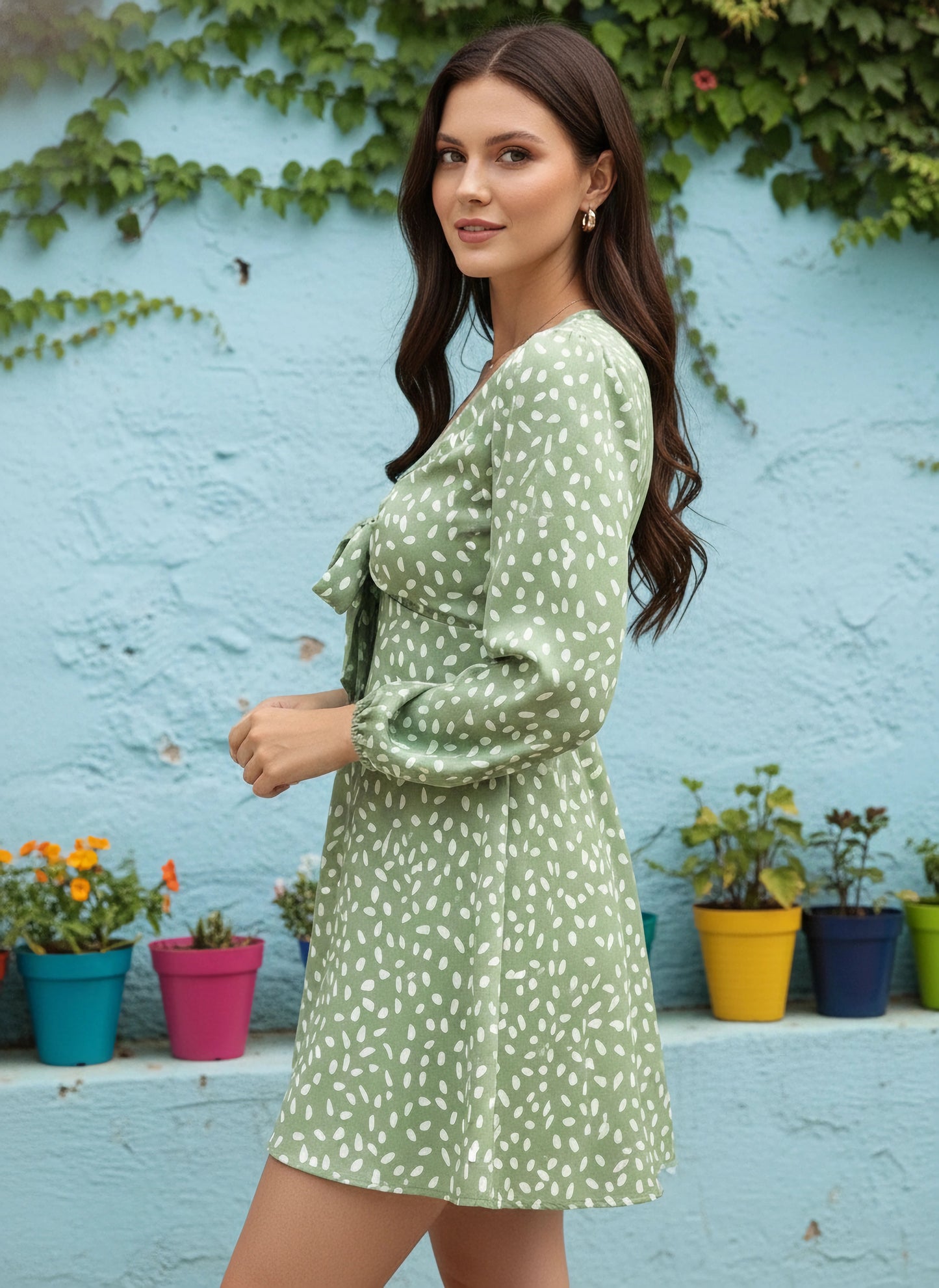 Berrylush Women Green & White Polka Dot Printed V-Neck Front Tie-Up Flared A-Line Mini Dress