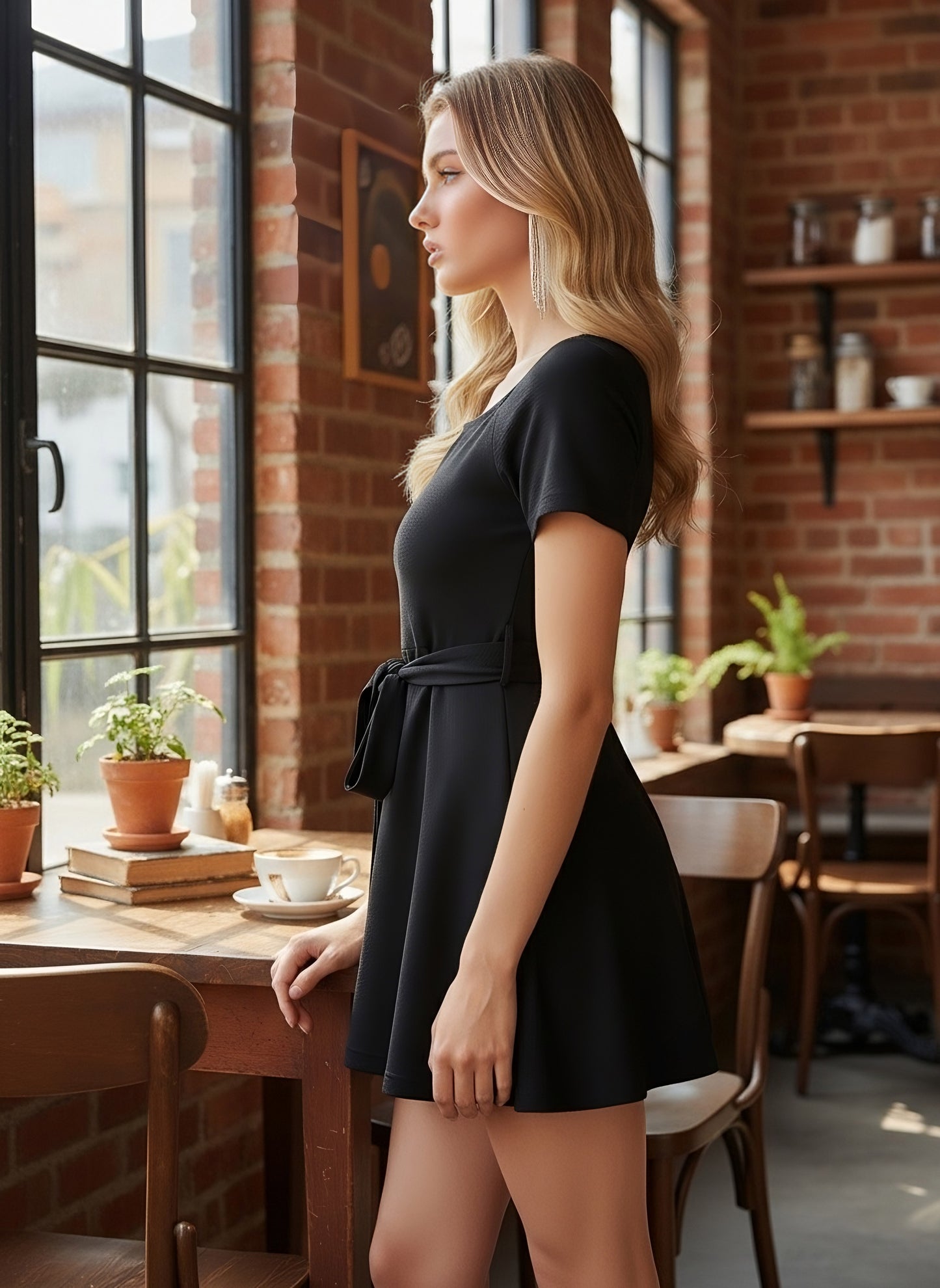 Berrylush Women Solid Black Square Neck Short Sleeves Tie-Up Waist Pleated Mini Jumpsuit