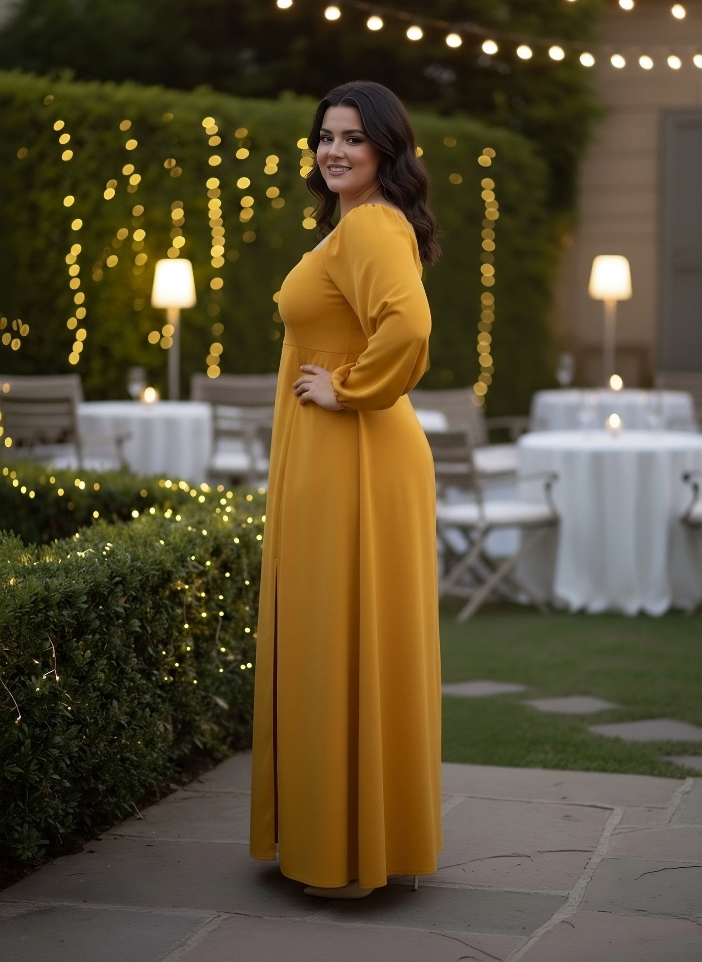 Berrylush Women Plus Size Solid Yellow Square Neck Puff Sleeves Thigh-High Slit Fit & Flare Maxi Dress