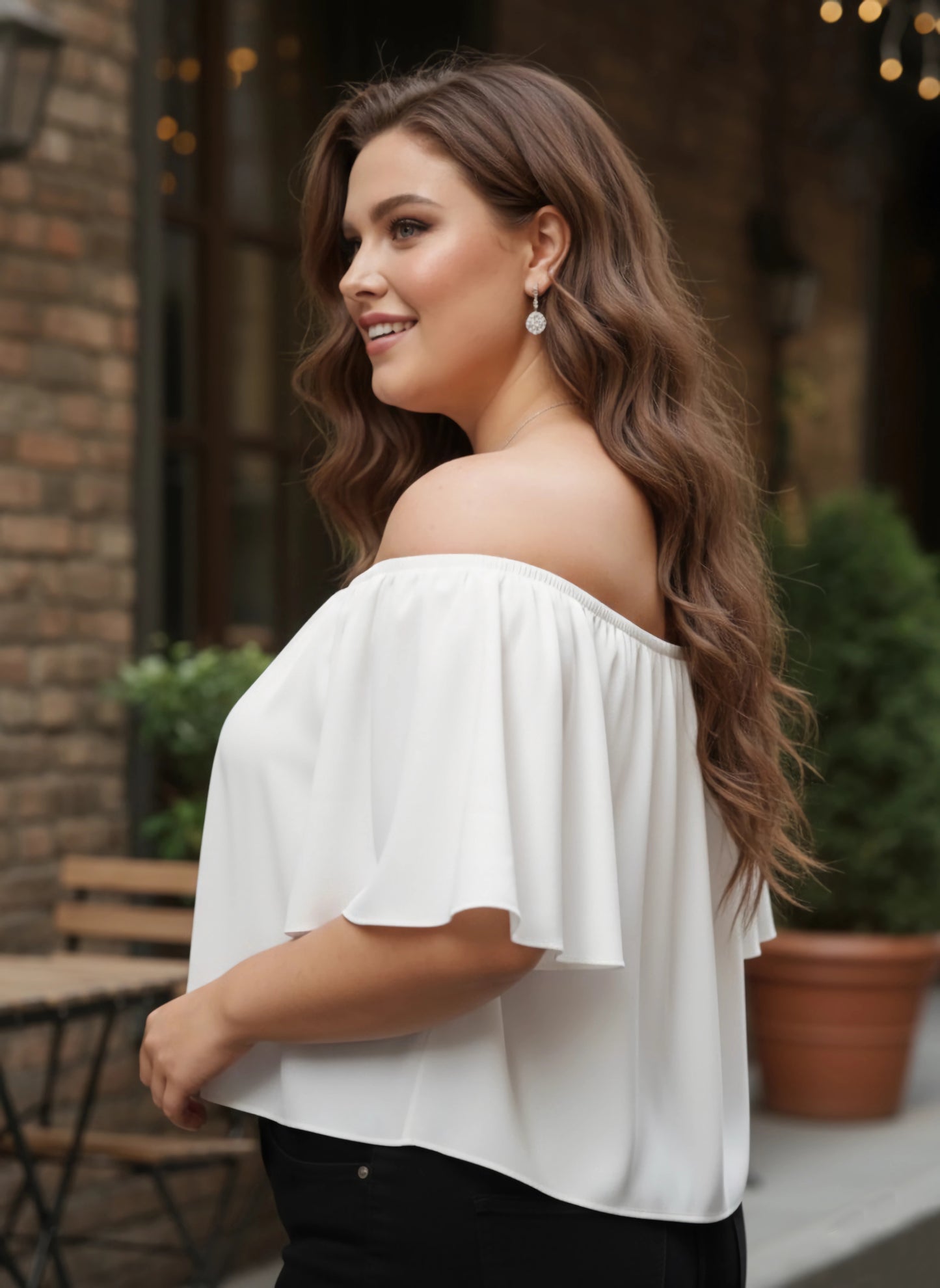 Berrylush Women Plus Size Solid White Off-Shoulder Neck Crepe Ruffled Bardot Crop Top