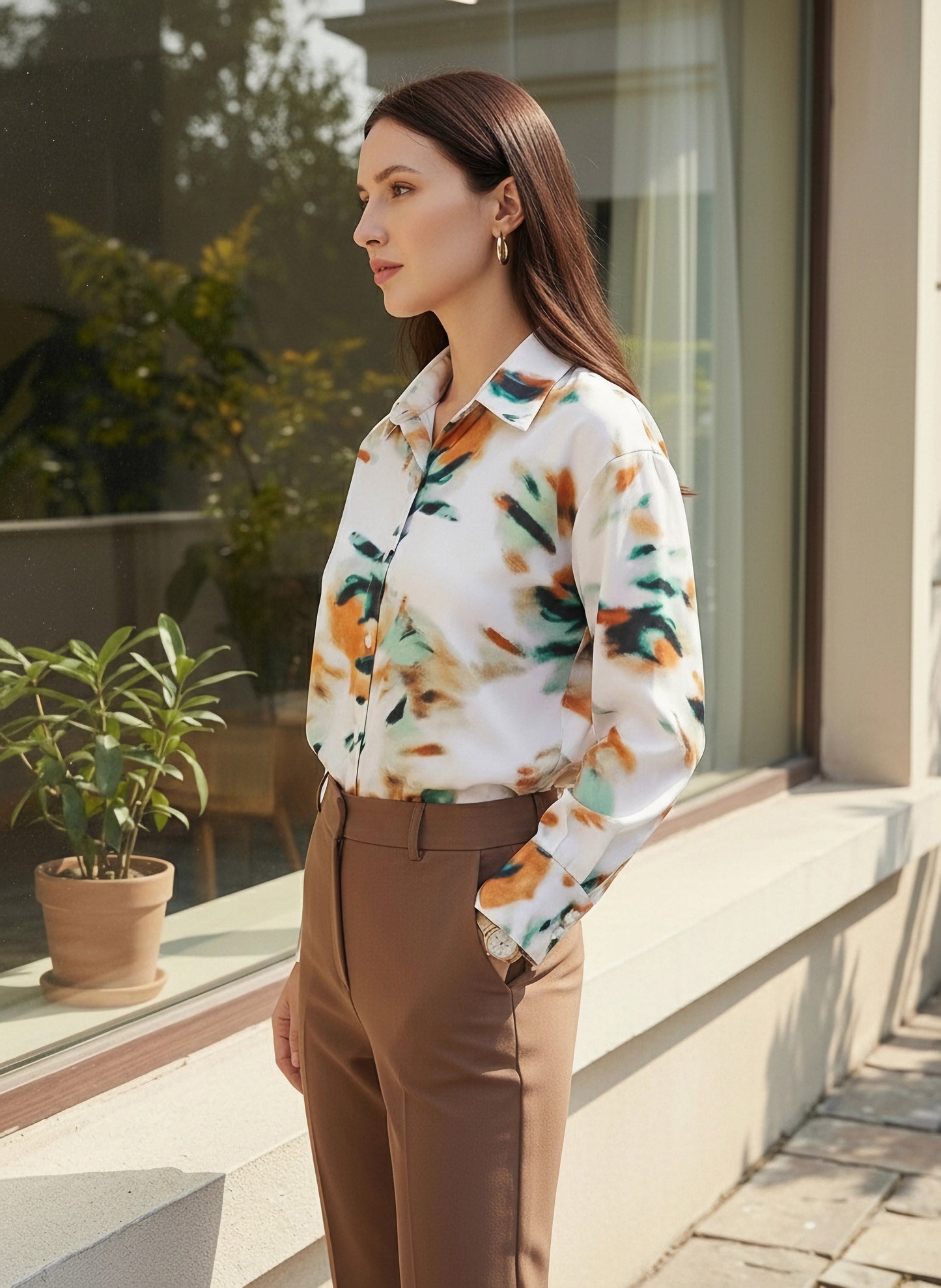 BIZwear White & Multicolour Abstract Printed Spread Collar Neck Cuff Sleeves Button-Up Curved Hem Regular Shirt