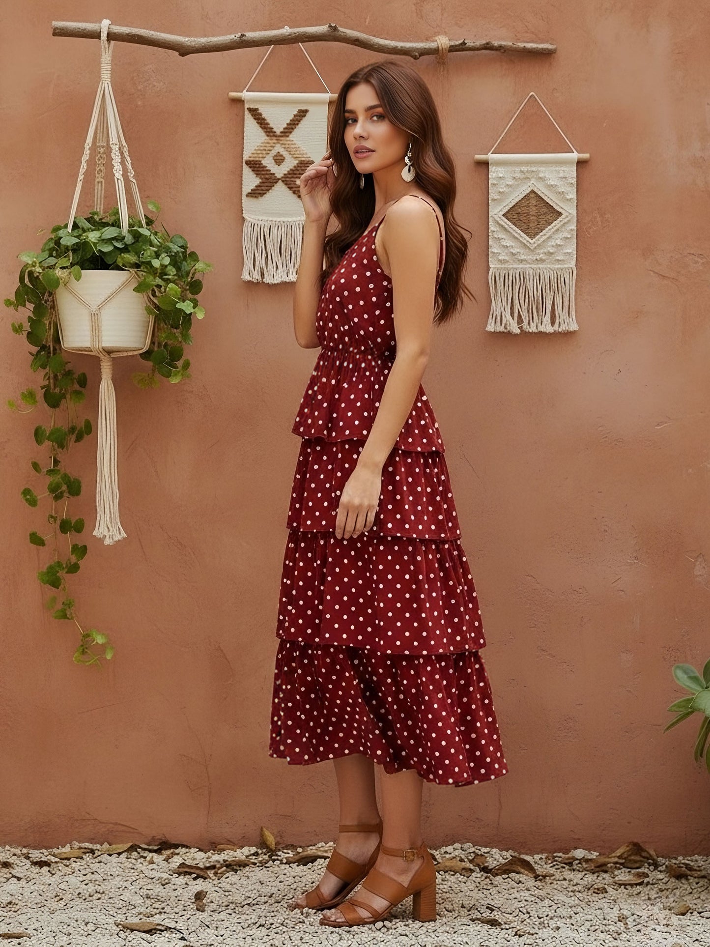 Berrylush Women Red Polka Dot Printed V-Neck Tiered Fit & Flare Midi Dress