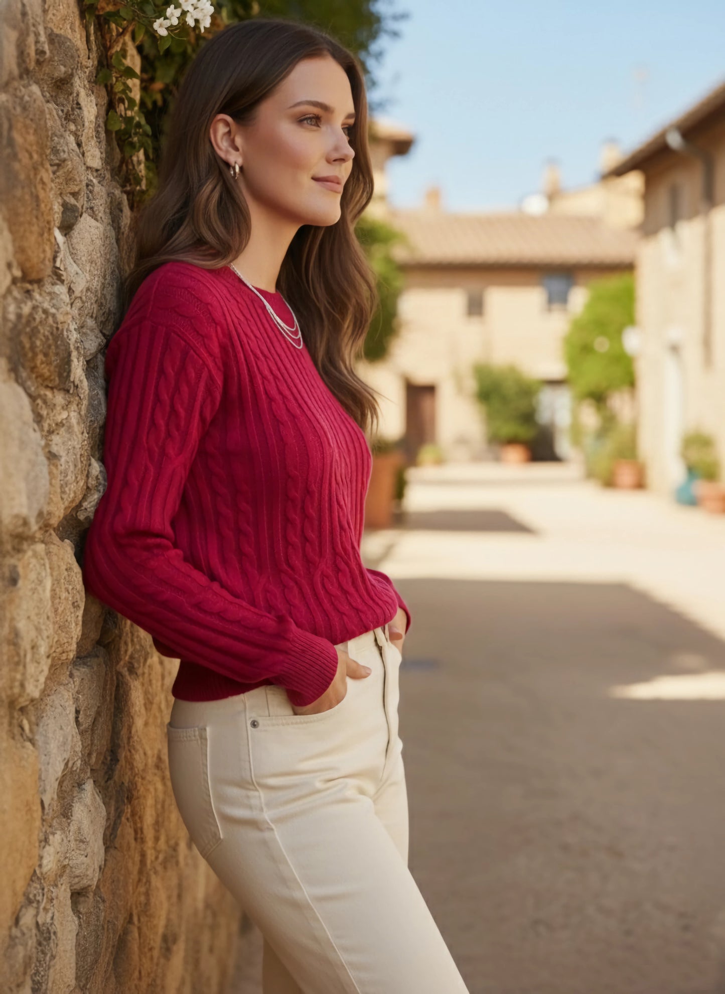 Berrylush Women Solid Red Round Neck Drop-Shoulder Sleeves Acrylic Ribbed Hem Cable Knitted Regular Sweater