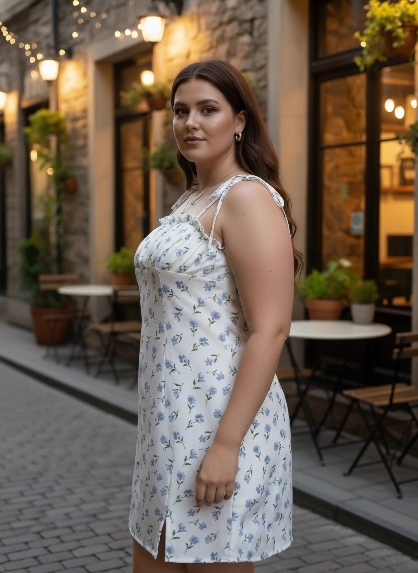 Plus Size White & Blue Floral Printed Square Neck Crepe Side-Slit Pleated A-Line Mini Dress