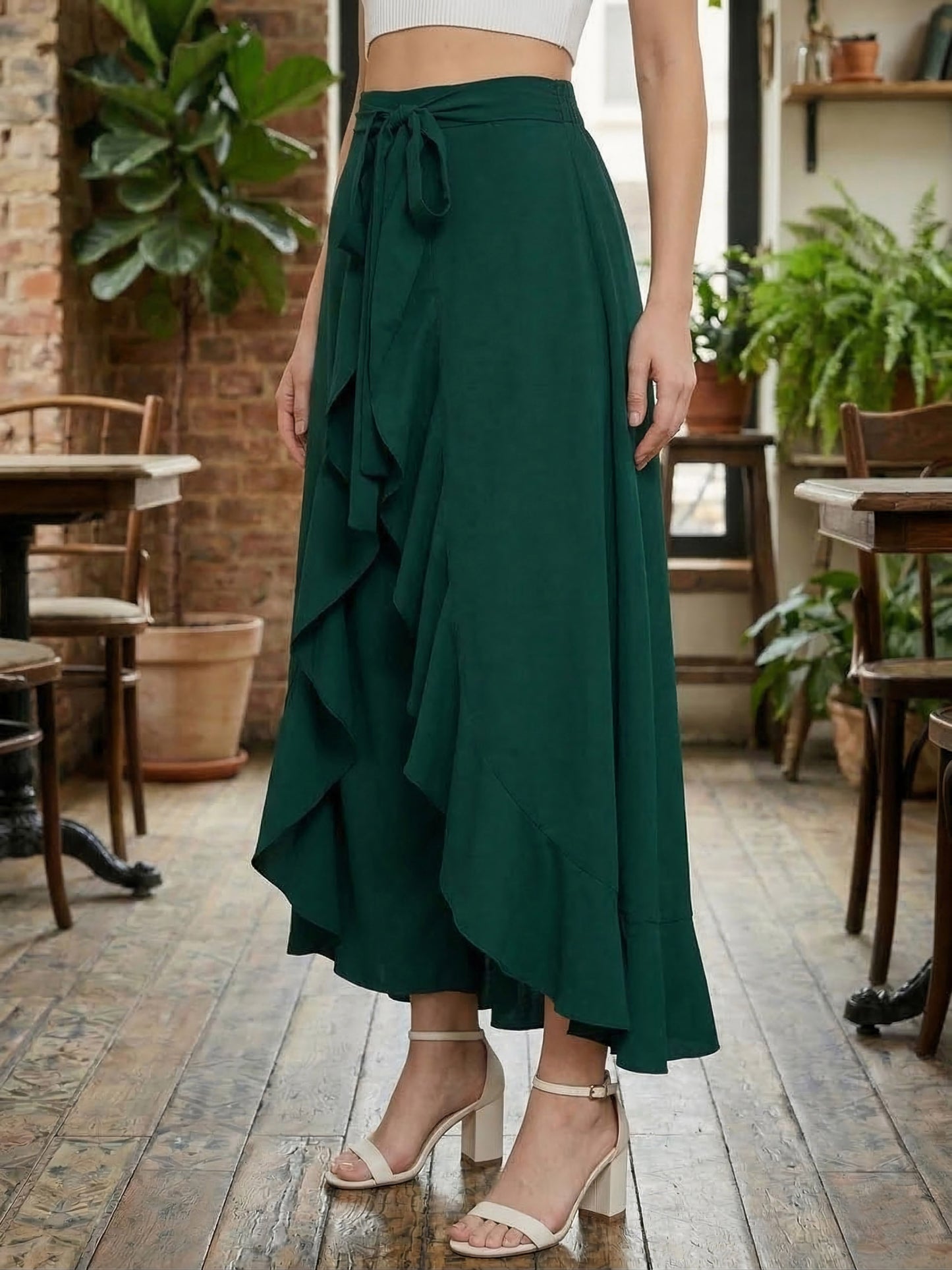 Berrylush Women Solid Green Waist Tie-Up Ruffled Maxi Skirt with Attached Trousers