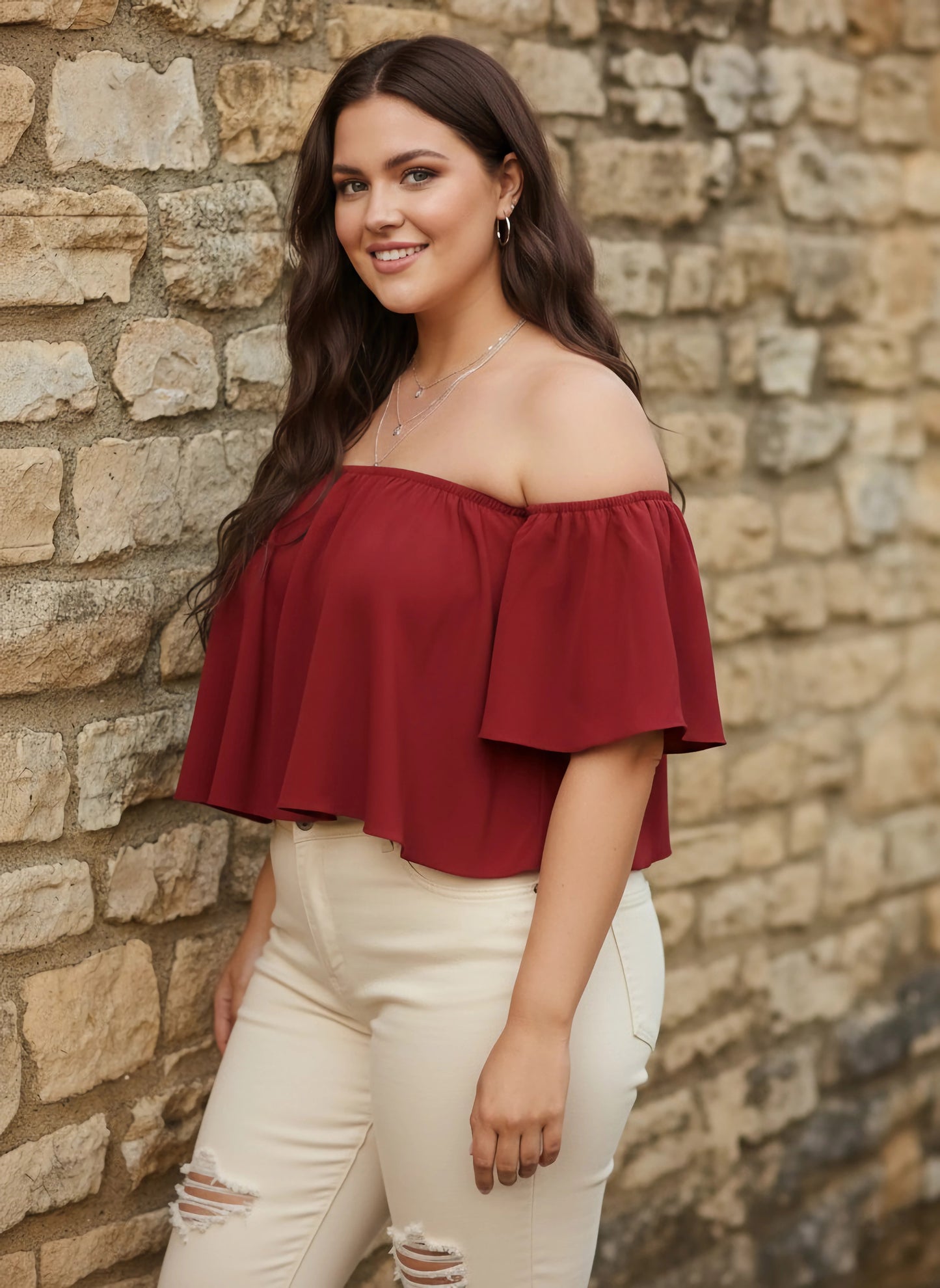 Berrylush Women Plus Size Solid Maroon Off-Shoulder Neck Crepe Ruffled Bardot Crop Top