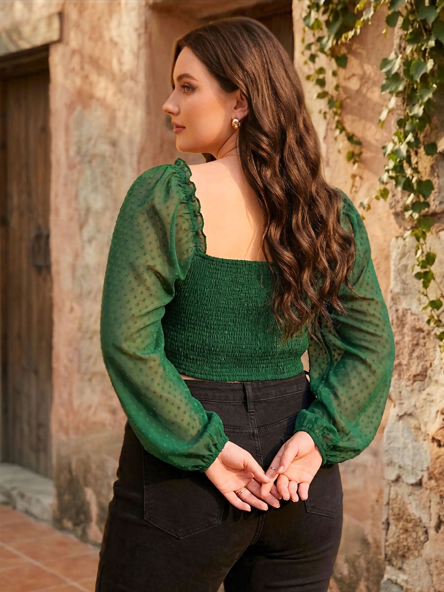 Plus Size Solid Green Dobby Weave Sweetheart Neck Puff Sleeve Georgette Smocked Crop Top