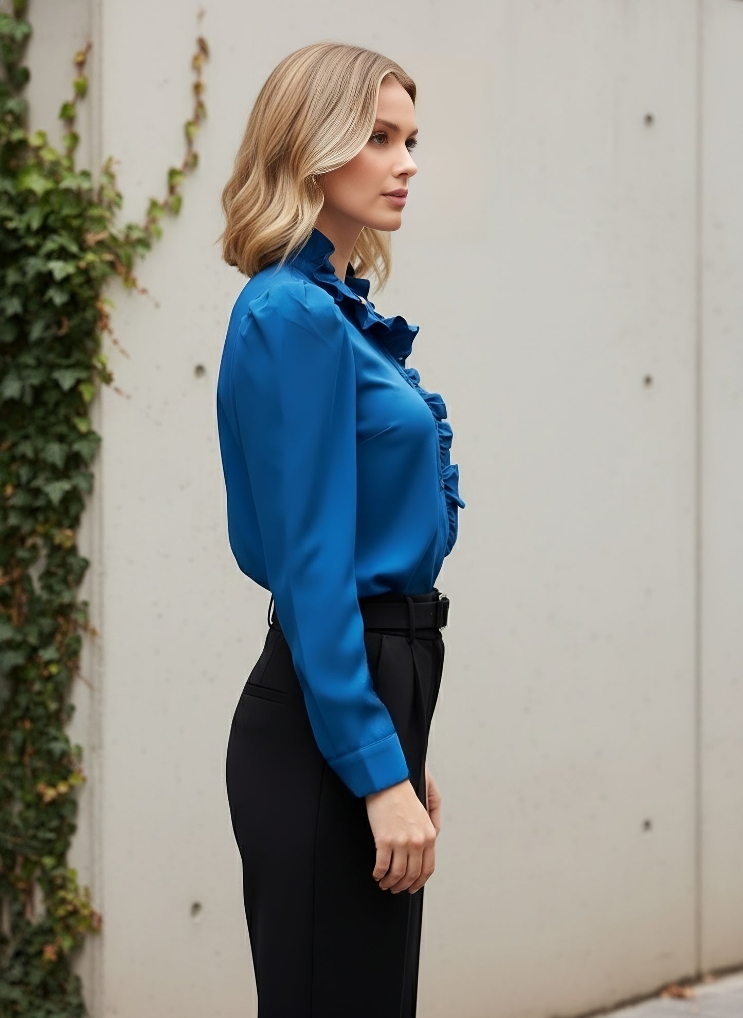 Berrylush BIZwear Women Solid Blue High-Neck Puff Sleeves Front Button Satin Ruffled Regular Top