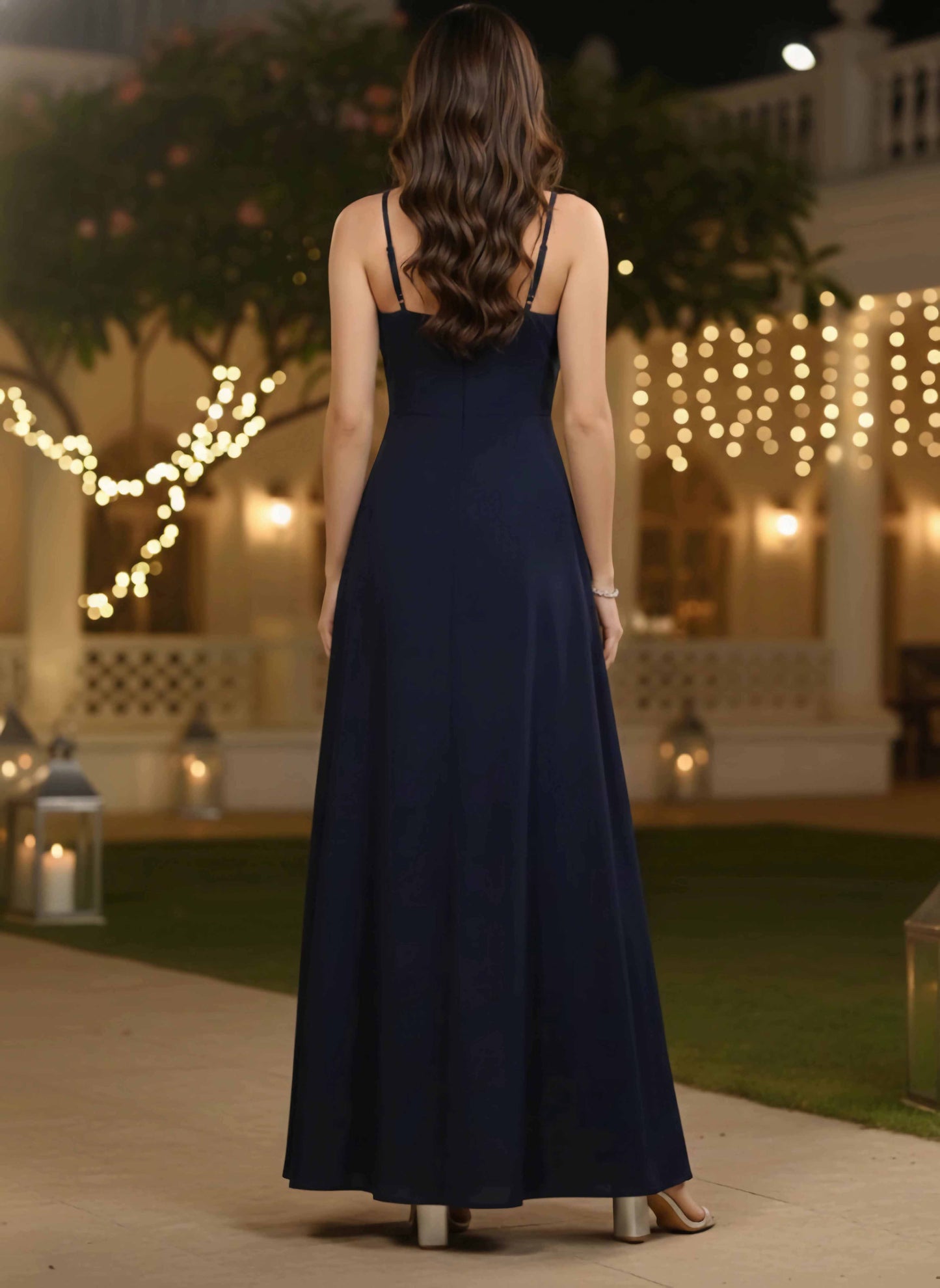 Berrylush Women Solid Navy Blue Sweetheart Neck Thigh-High Slit Flared Maxi Dress