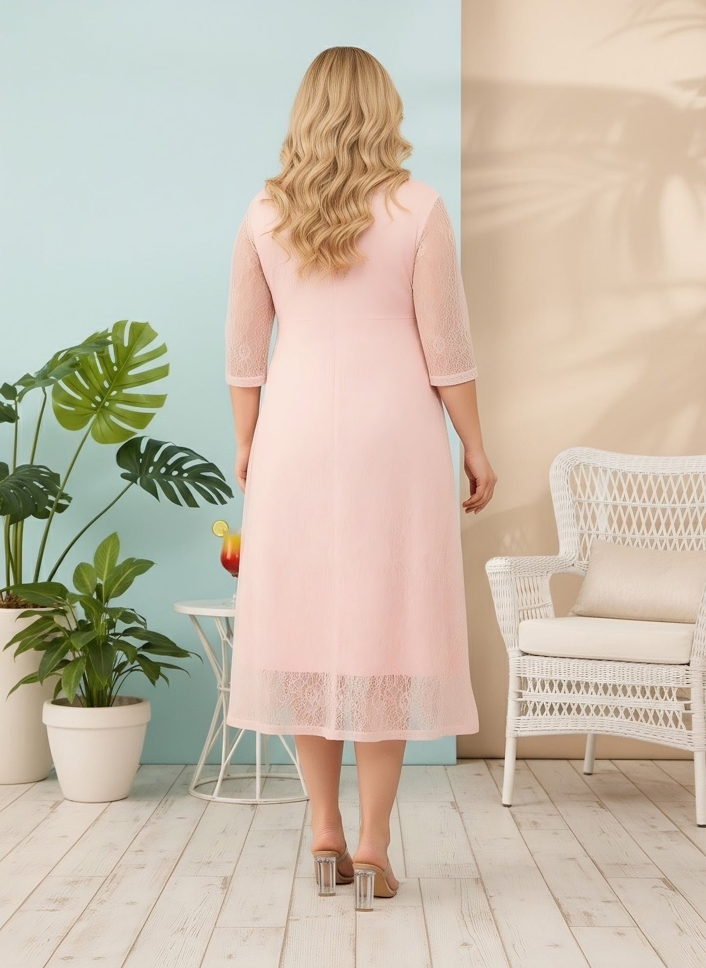 Berrylush Curve Women Solid Pink Round Neck Three-Quarter Sleeves Cotton Allover Lace Flared A-Line Midi Dress
