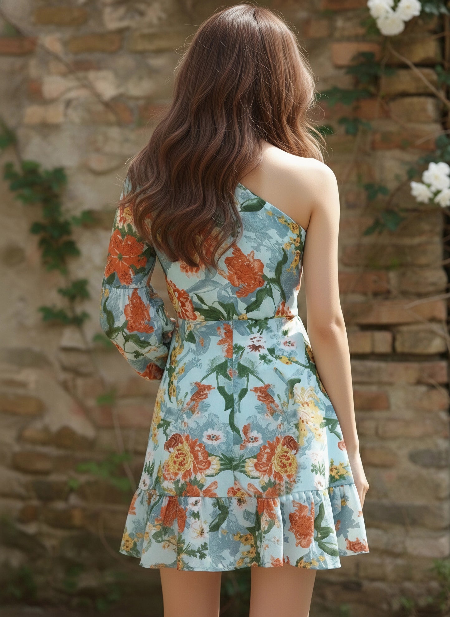 Berrylush Women Blue & Orange Floral Printed One-Shoulder Neck Tulip Ruffled A-Line Mini Dress