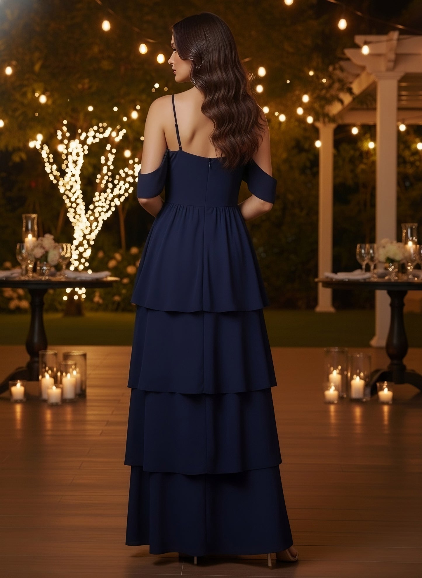 Berrylush Women Solid Navy Blue V-Neck Cold-Shoulder Flounce Hem Layered A-Line Maxi Dress