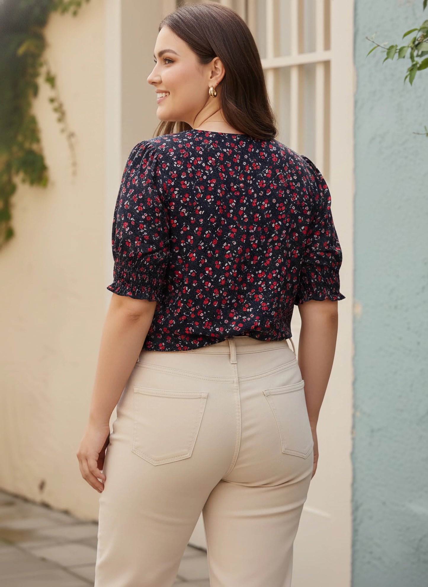 Plus Size Navy Blue & Red Floral Printed V-Neck Puff Sleeves Button-Up Crepe Smocked Regular Top