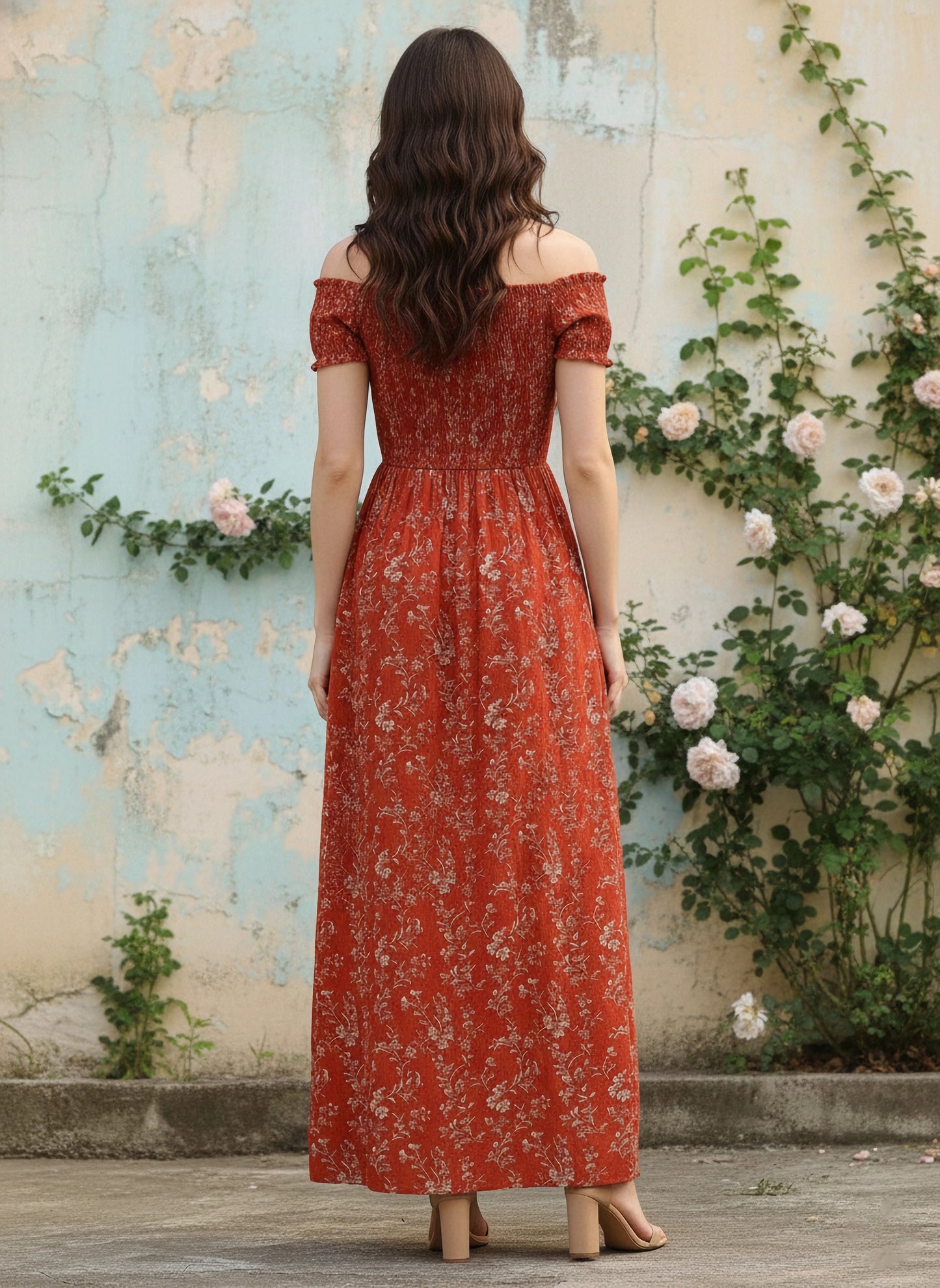 Berrylush Women Red & White Floral Printed Off-Shoulder Neck Thigh-High Slit Crepe Smocked Maxi Dress