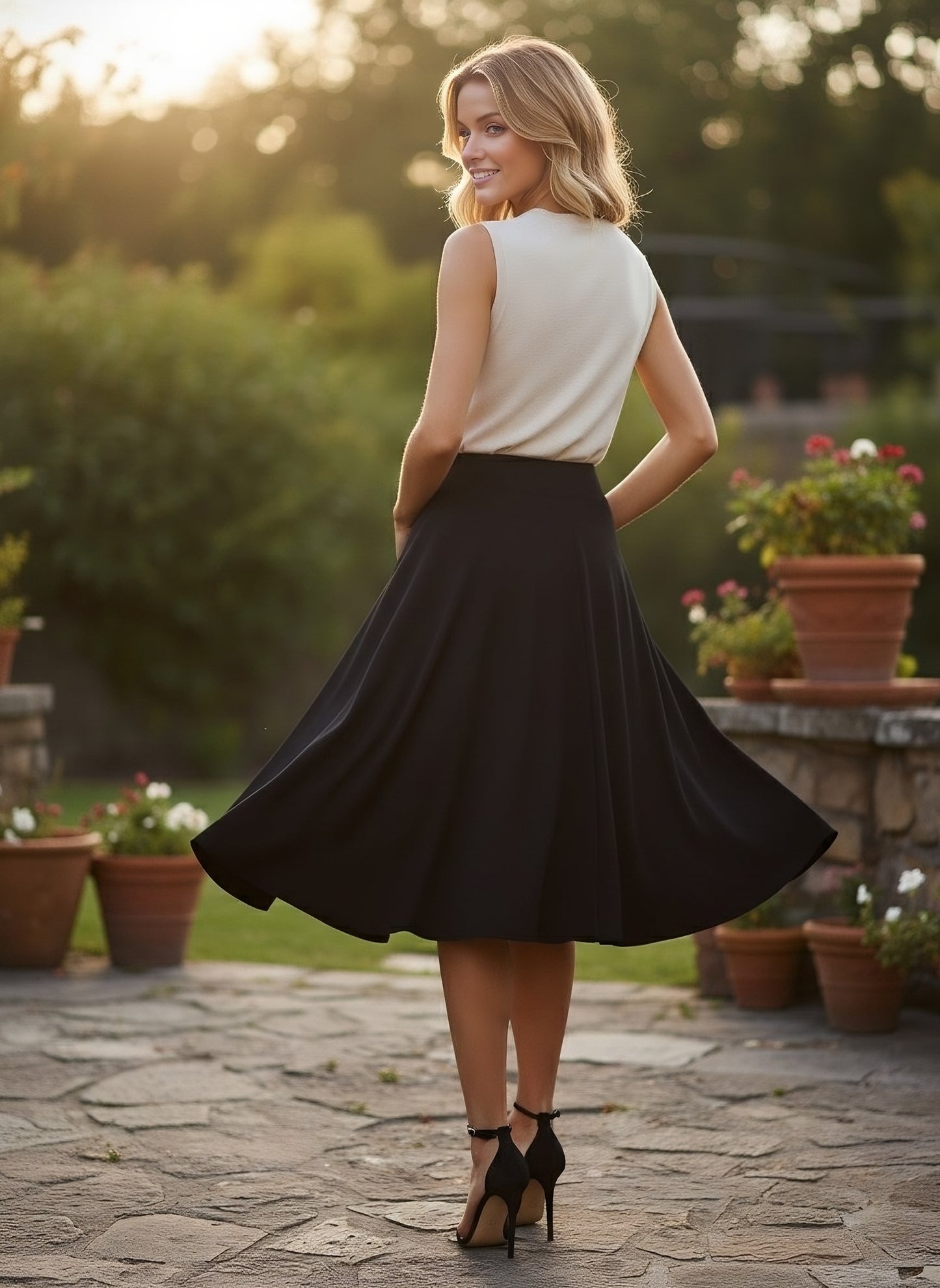 Berrylush Women Solid Black Flared A-Line Midi Skirt