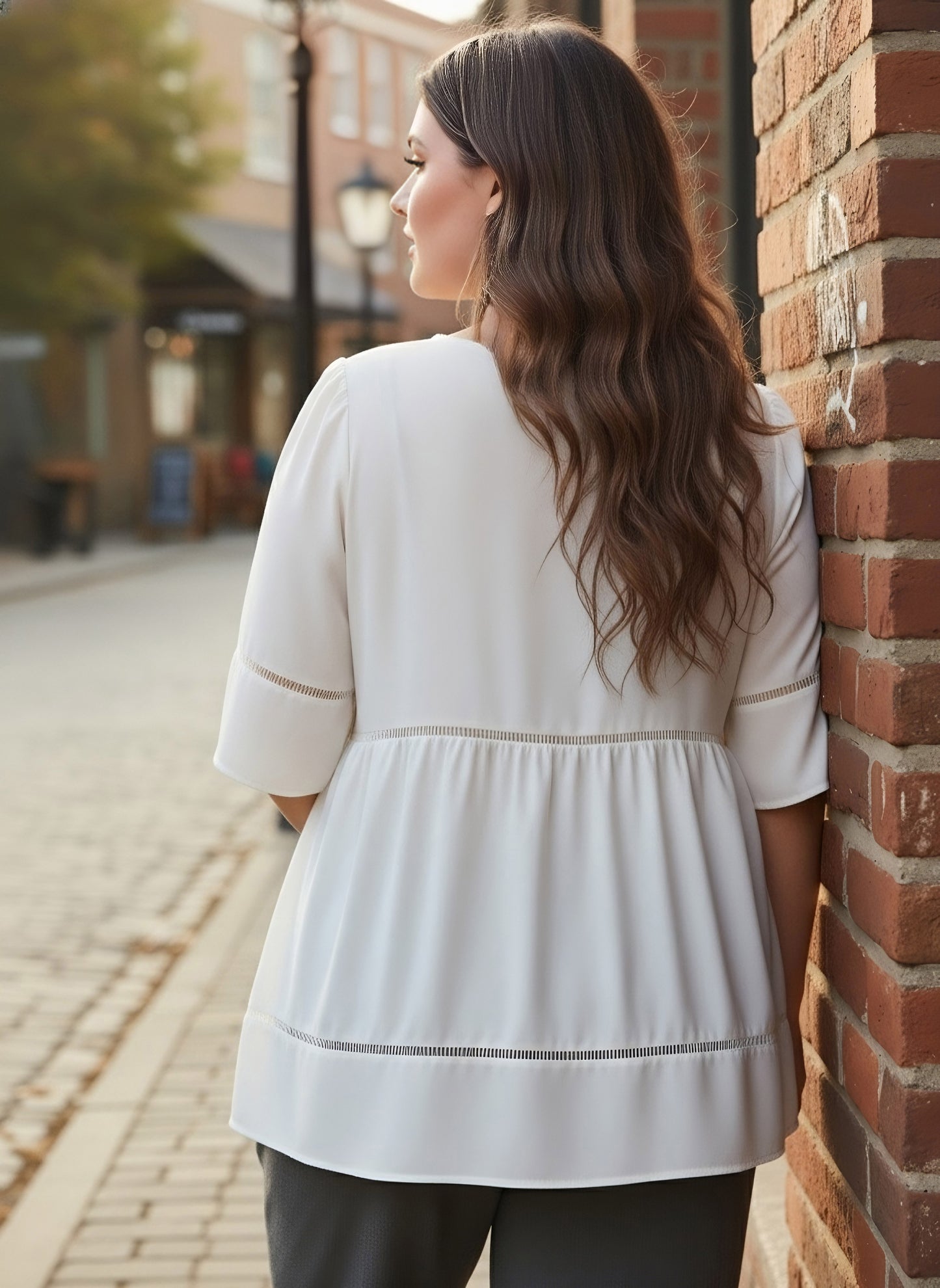 Berrylush Curve Women Solid White Round Neck Puff Sleeves Lace-Up Regular Top